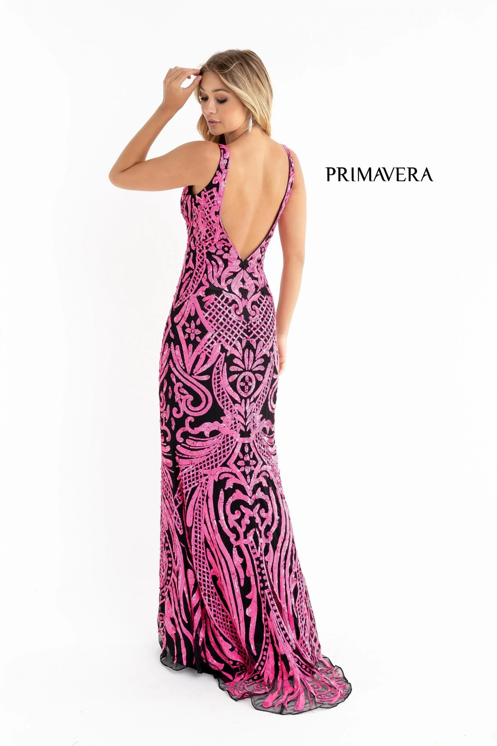 Primavera Couture 3722 Size 00 Coral Iridescent Prom Dress V Neckline V Back Long Sequins Evening Gown - Image 23