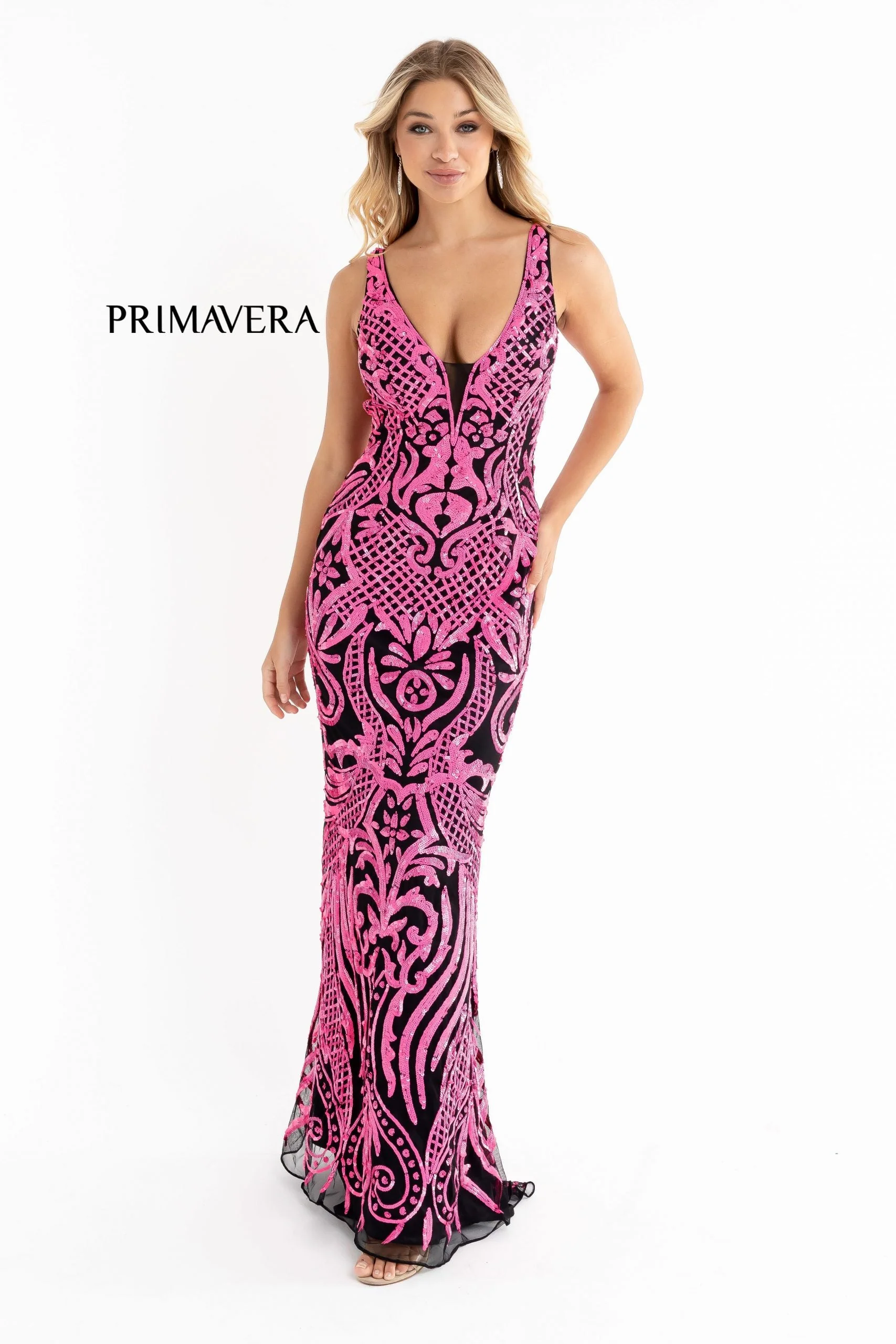 Primavera Couture 3722 Size 00 Coral Iridescent Prom Dress V Neckline V Back Long Sequins Evening Gown - Image 24
