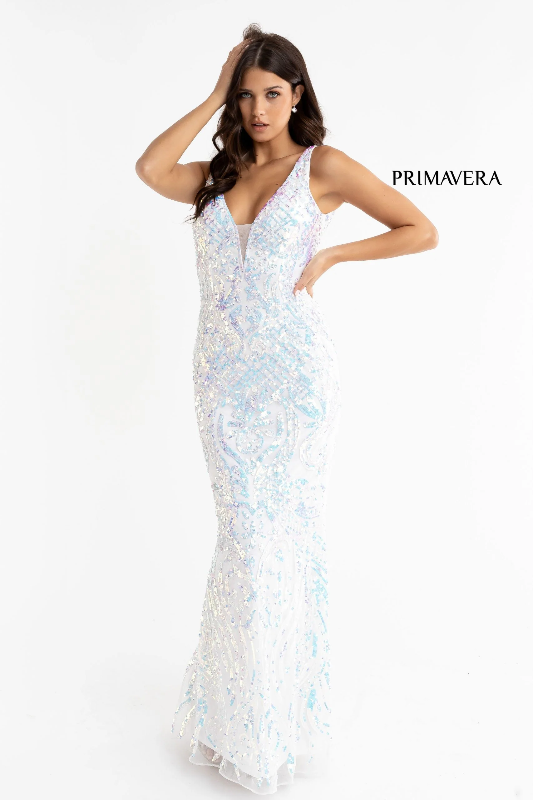 Primavera Couture 3722 Size 00 Coral Iridescent Prom Dress V Neckline V Back Long Sequins Evening Gown - Image 6