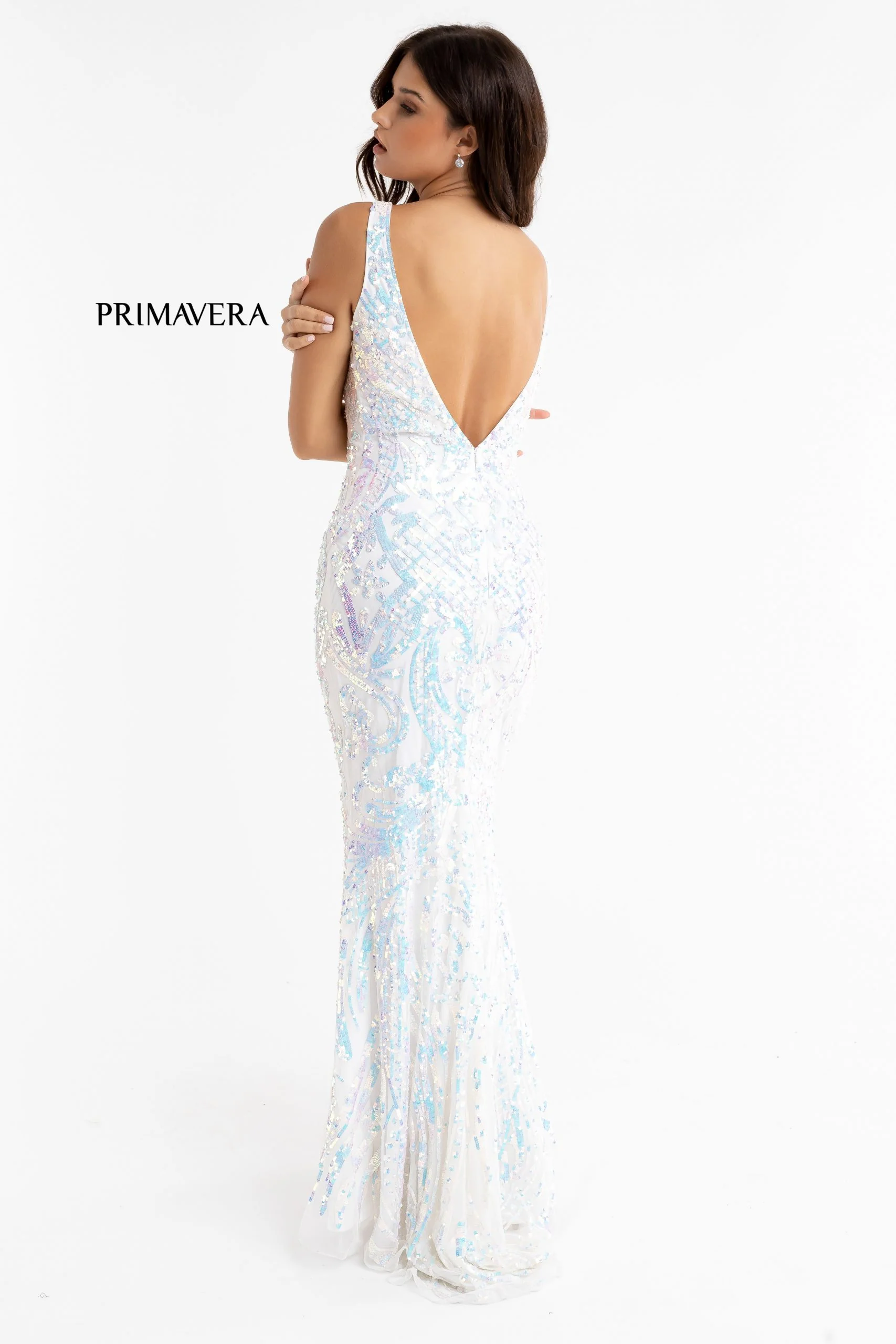 Primavera Couture 3722 Size 14 Iridescent Prom Dress V Neckline V Back Long Sequins Evening Gown - Image 9