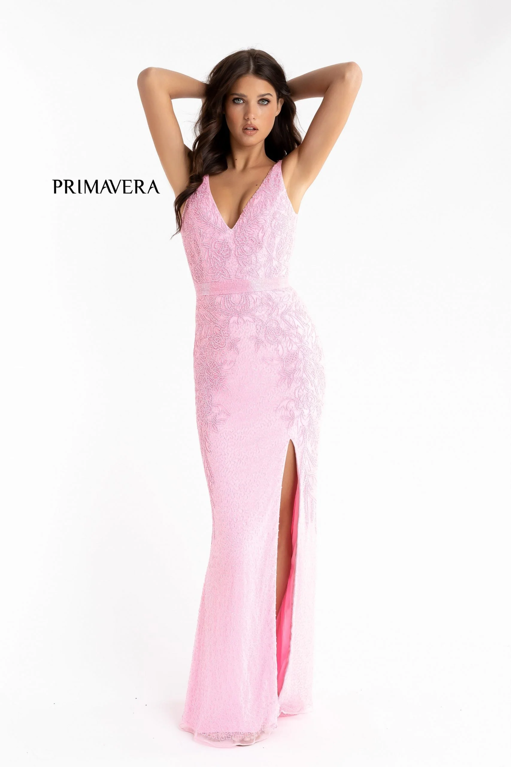 Primavera Couture 3725 Beaded Evening Gown Prom Dress V Neckline Floral Slit Ivory size 12 - Image 2