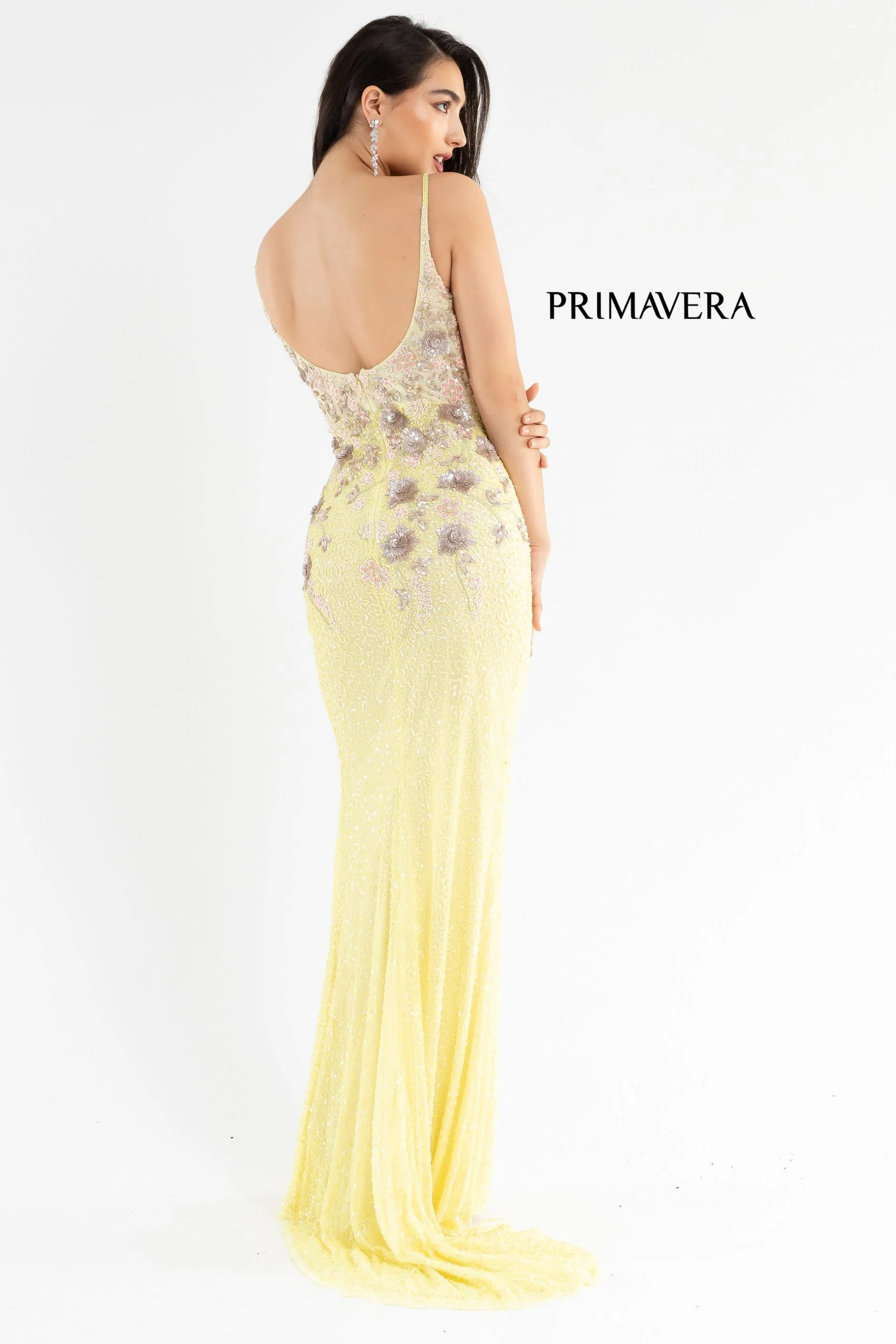 Primavera Couture 3730 Size 4 Prom Dress Flower Bodice Sequins V Neckline Slit Mid Back - Image 2