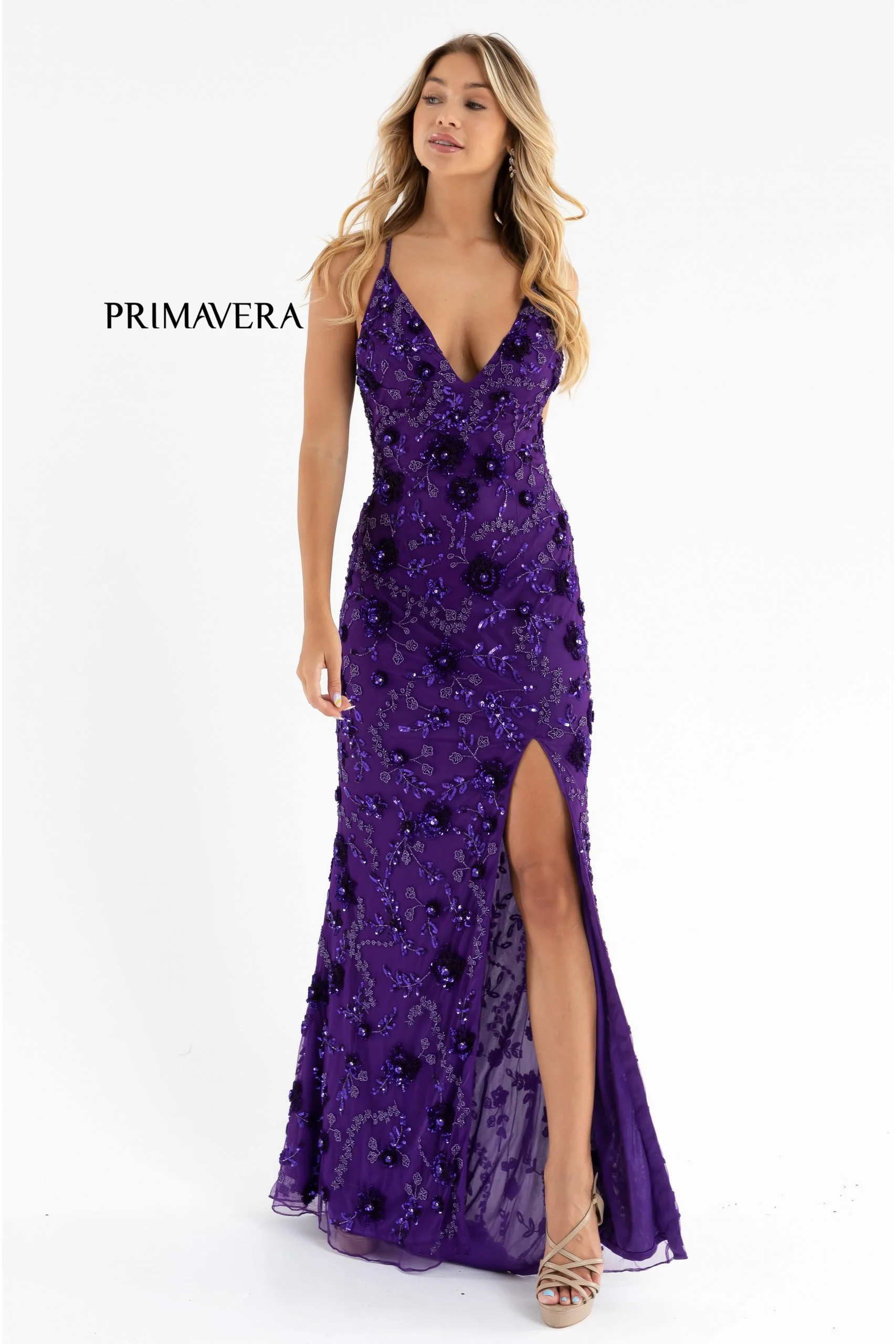 Primavera Couture 3731 Size 0 3D Flowers Prom Dress Sequins with a V Neckline Slit Open Back - Image 14