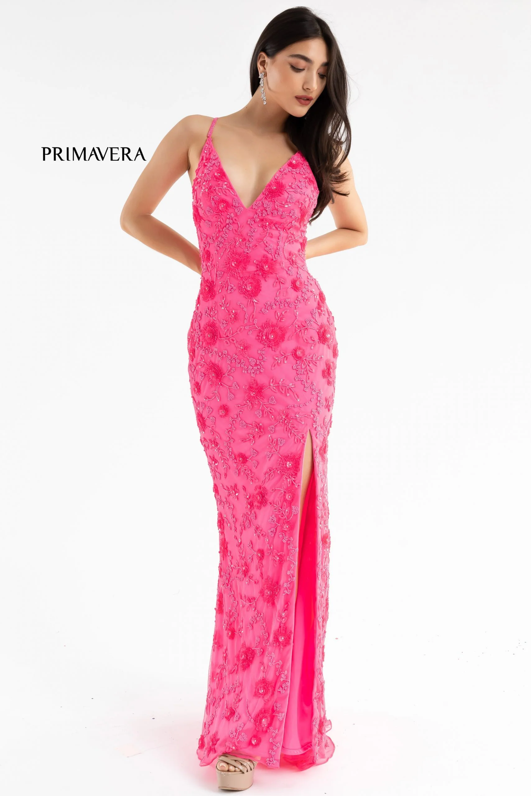 Primavera Couture 3731 Size 0 3D Flowers Prom Dress Sequins with a V Neckline Slit Open Back - Image 41