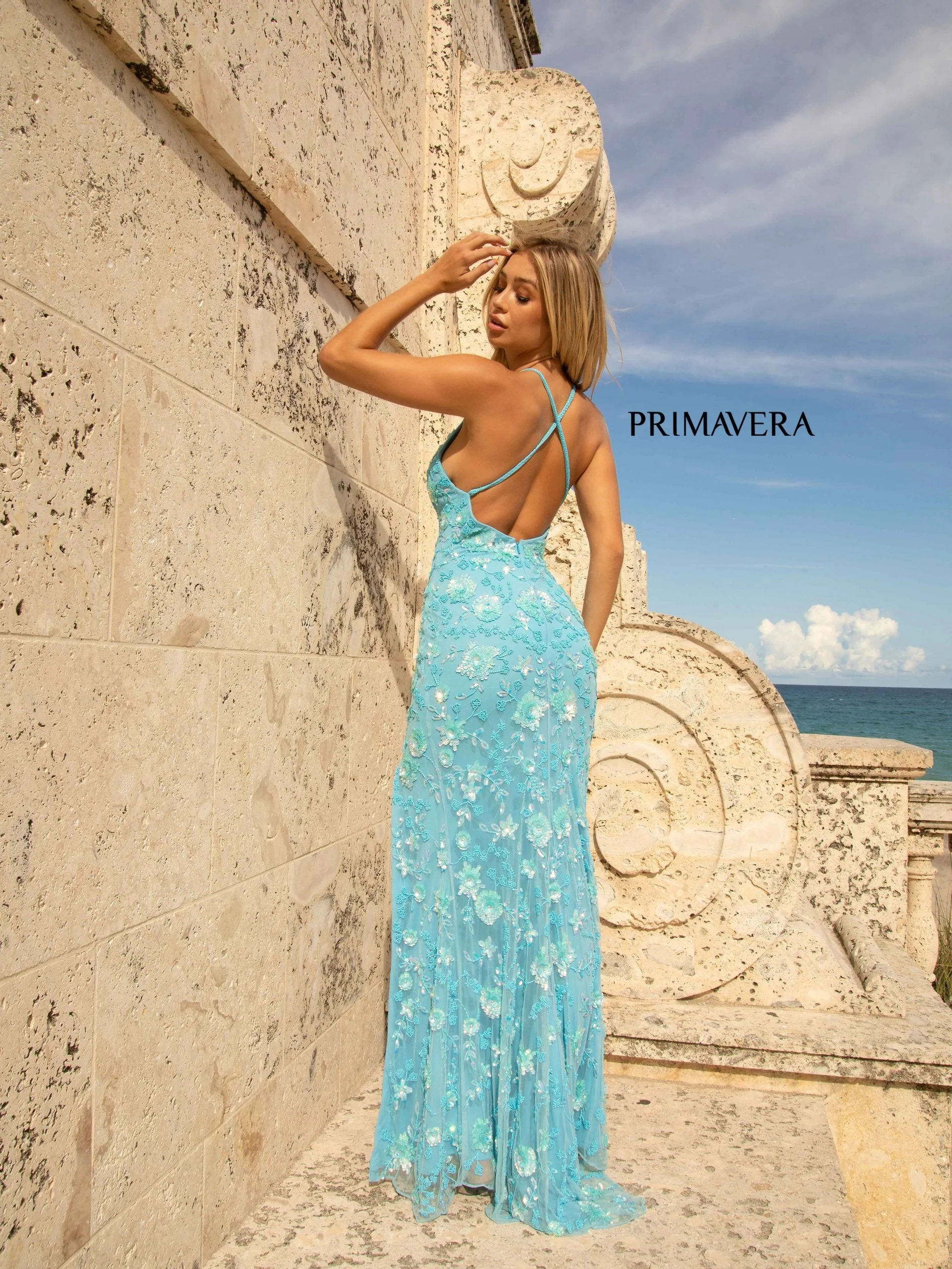 Primavera Couture 3731 Size 6 Turquoise 3D Flowers Prom Dress Sequins with a V Neckline Slit Open Back - Image 2