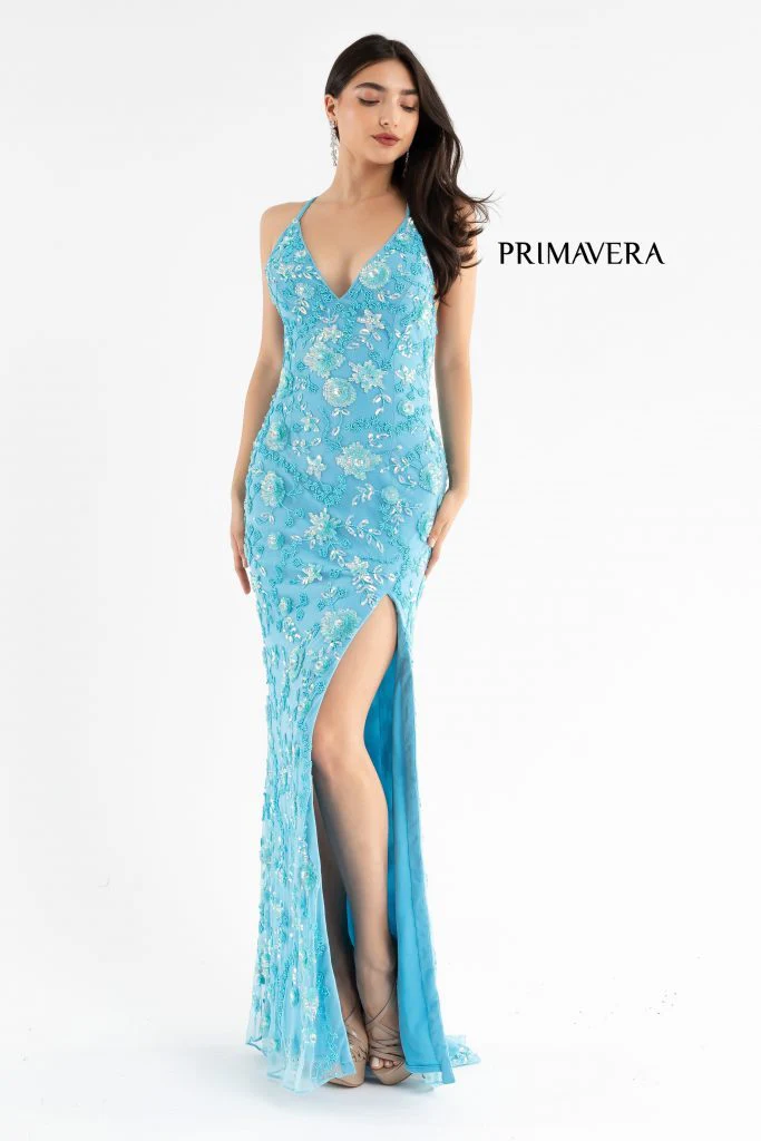 Primavera Couture 3731 Size 6 Turquoise 3D Flowers Prom Dress Sequins with a V Neckline Slit Open Back - Image 3