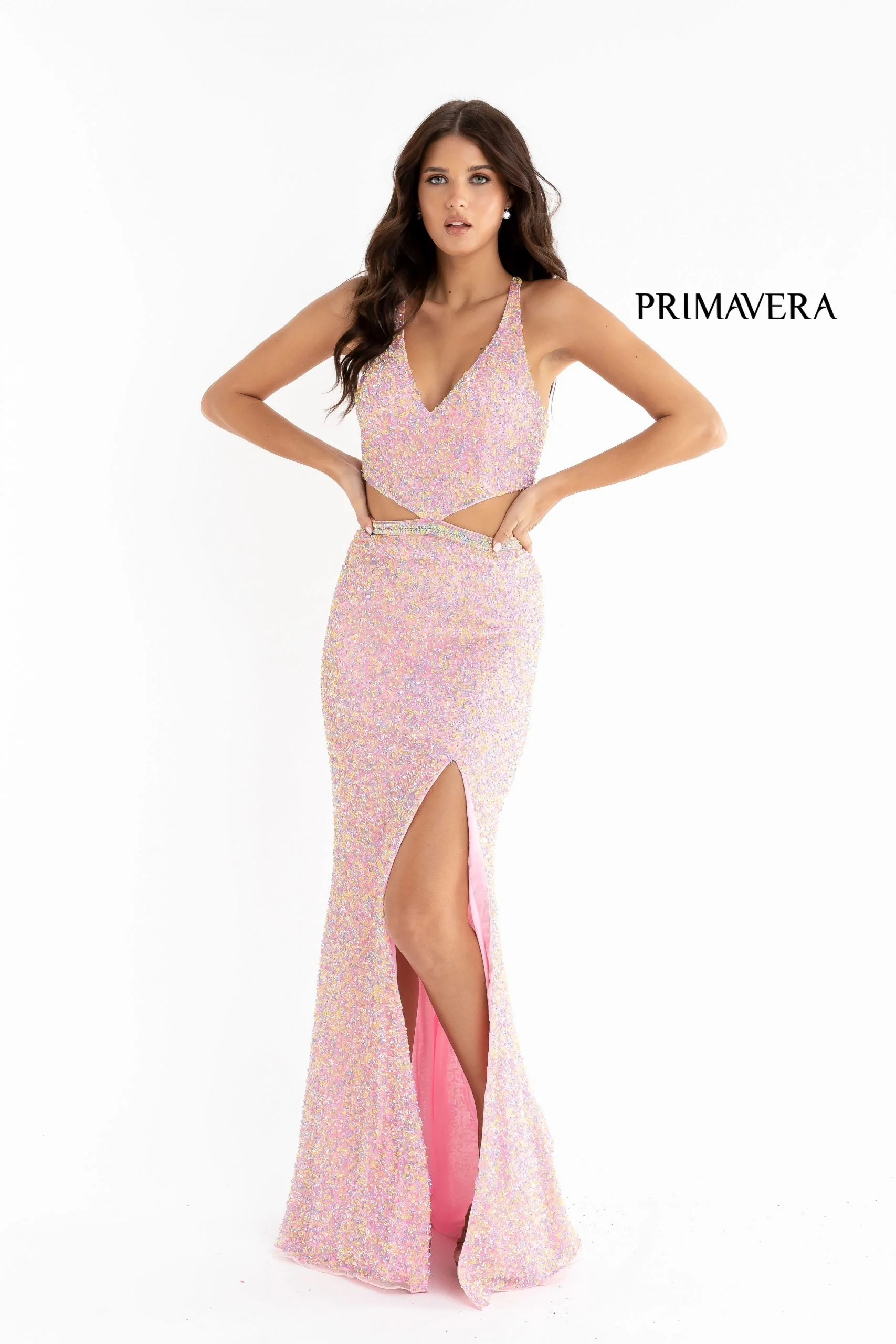 Primavera Couture 3744 Size 2 Orange Sequin Prom Dress Strappy Back V Neckline Cutouts Slit - Image 10