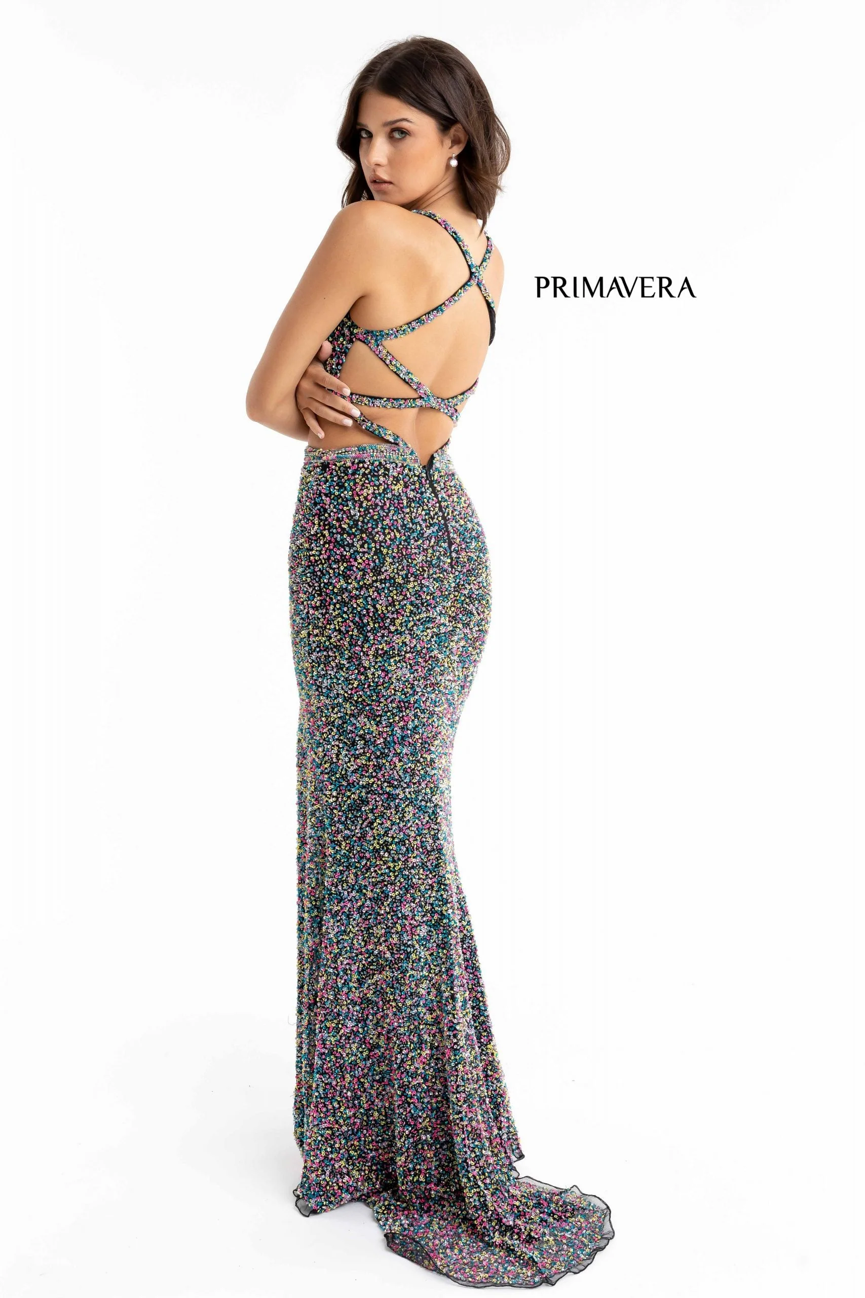 Primavera Couture 3744 Size 2 Orange Sequin Prom Dress Strappy Back V Neckline Cutouts Slit - Image 18