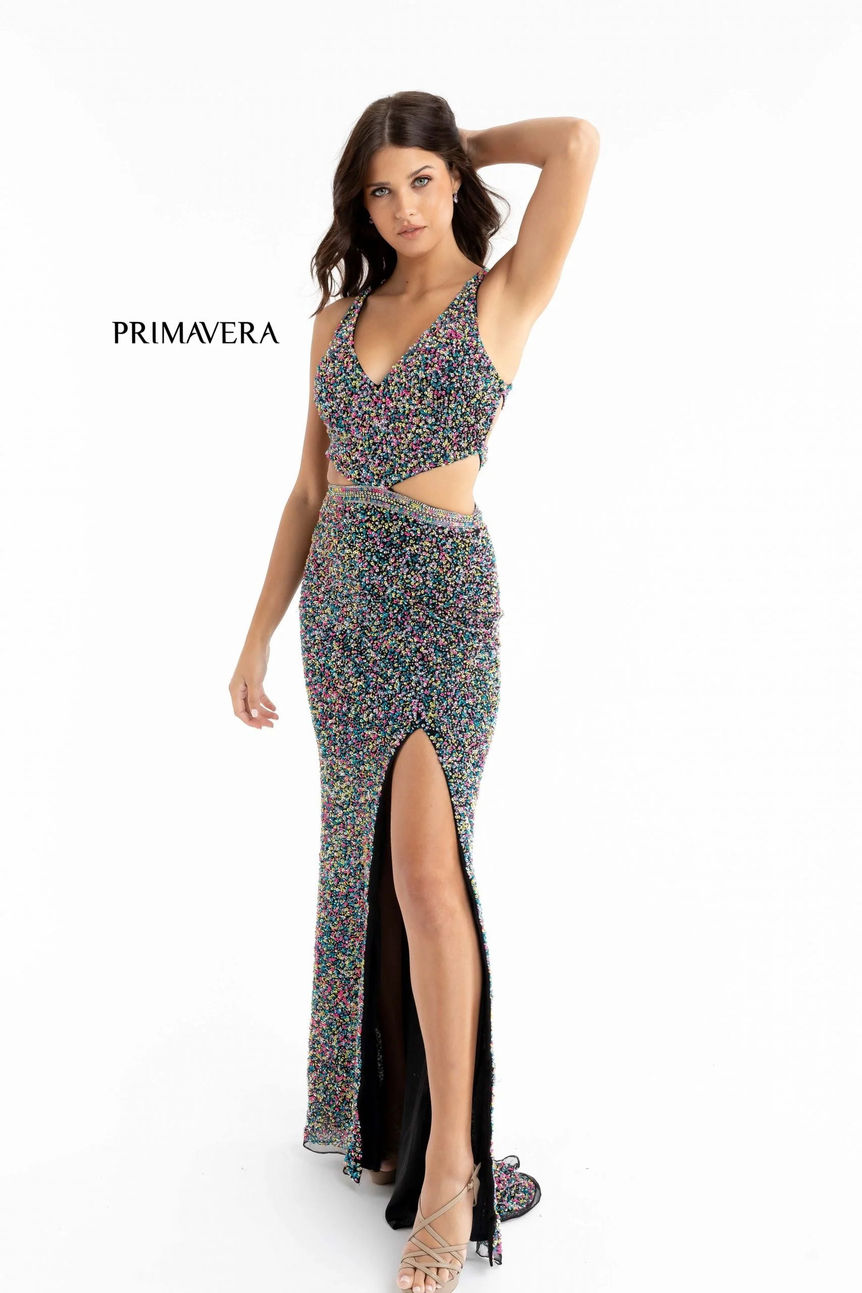Primavera Couture 3744 Size 2 Orange Sequin Prom Dress Strappy Back V Neckline Cutouts Slit - Image 19