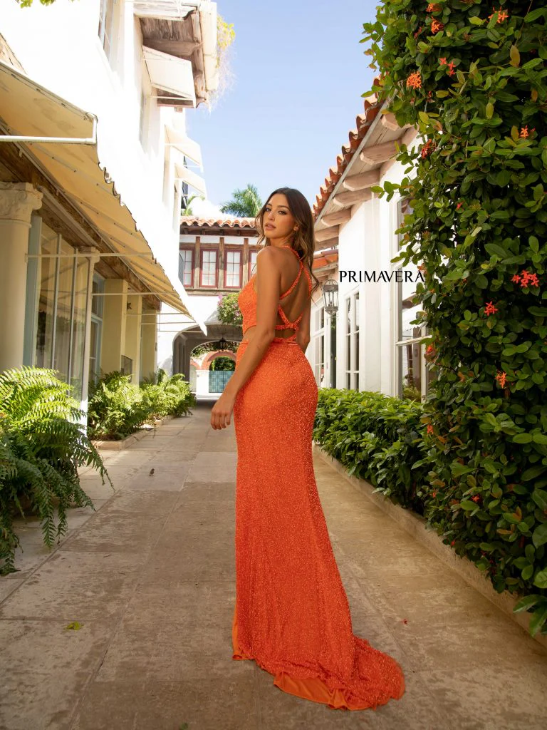 Primavera Couture 3744 Size 2 Orange Sequin Prom Dress Strappy Back V Neckline Cutouts Slit - Image 4