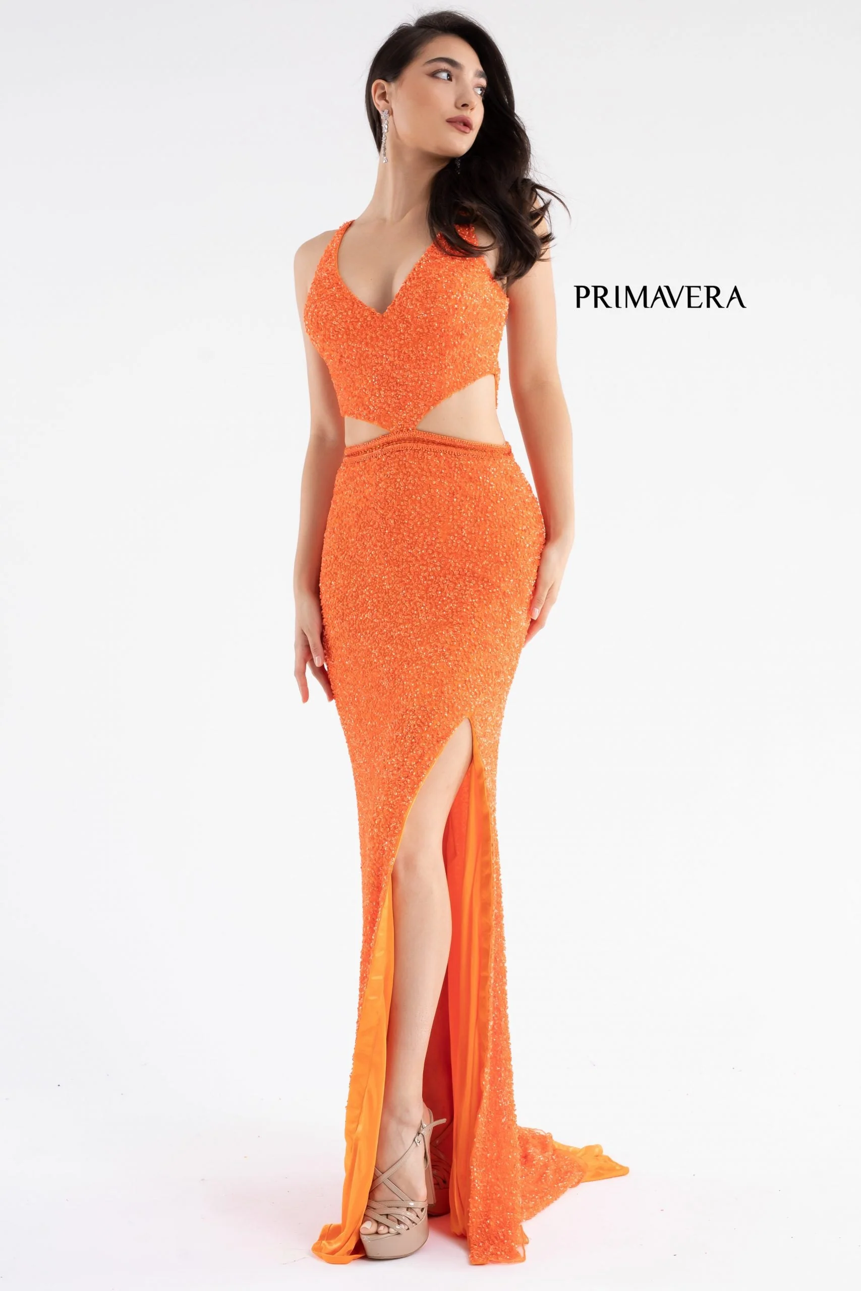 Primavera Couture 3744 Size 2 Orange Sequin Prom Dress Strappy Back V Neckline Cutouts Slit - Image 5