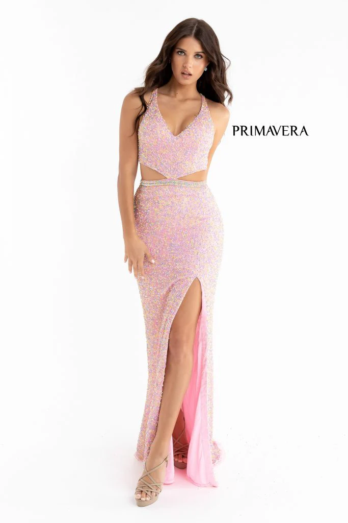 Primavera Couture 3744 Size 2 Orange Sequin Prom Dress Strappy Back V Neckline Cutouts Slit - Image 9