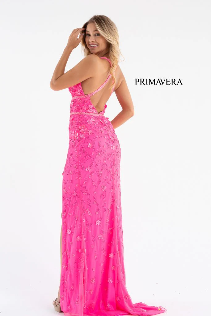 Primavera Couture 3746 Size 00 Neon Pink 3D Flowers Prom Dress Beaded V Neckline Evening Gown Slit - Image 2