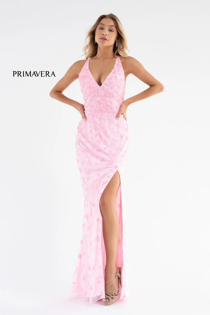 Primavera Couture 3746 Size 00 Neon Pink 3D Flowers Prom Dress Beaded V Neckline Evening Gown Slit - Image 8