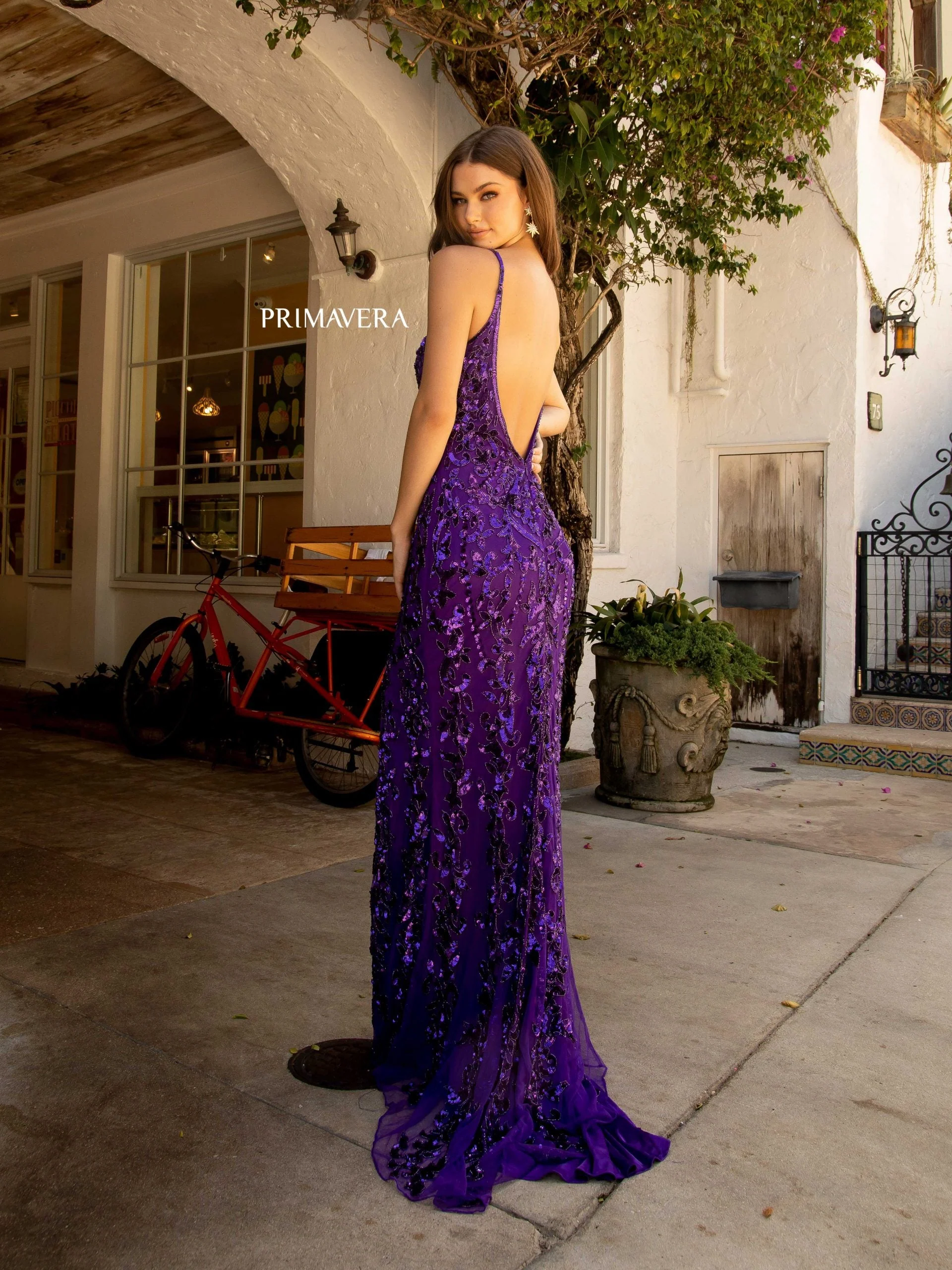 Primavera Couture 3749 Size 6 Neon Pink Sequined Prom Dress V Neckline Sweeping Train Evening Gown - Image 14