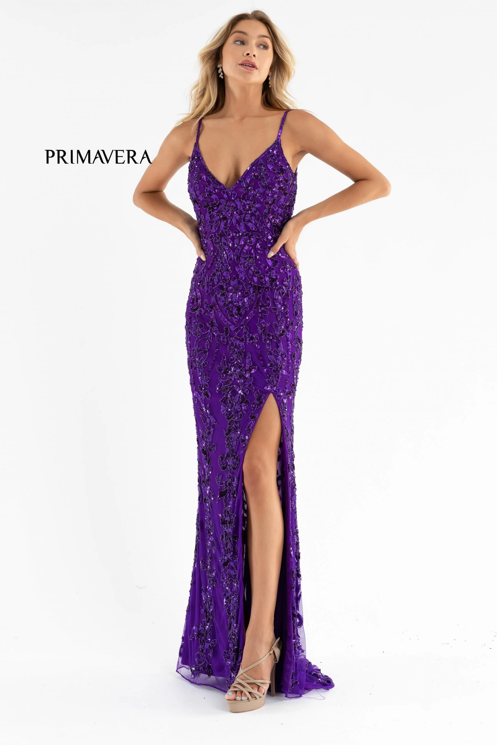 Primavera Couture 3749 Size 6 Neon Pink Sequined Prom Dress V Neckline Sweeping Train Evening Gown - Image 17