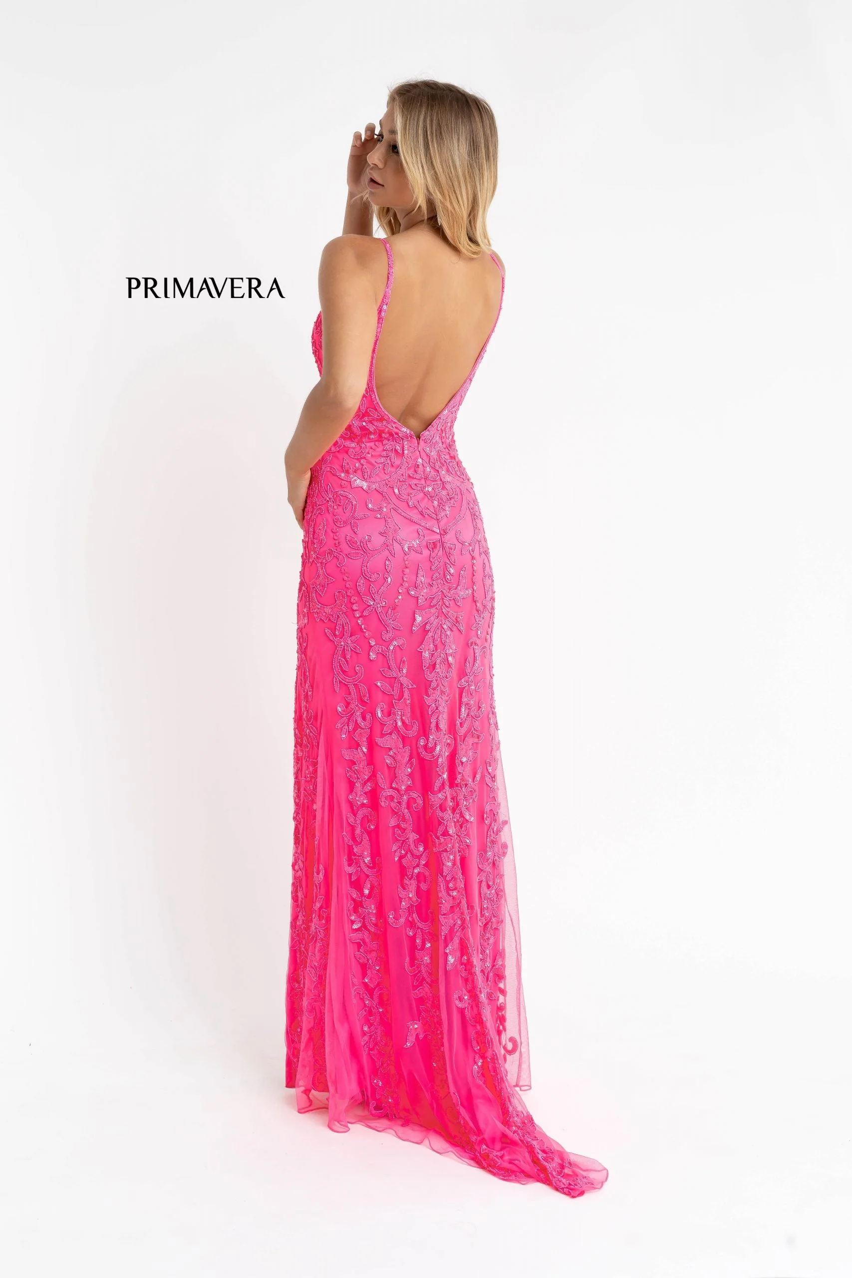 Primavera Couture 3749 Size 6 Neon Pink Sequined Prom Dress V Neckline Sweeping Train Evening Gown - Image 2