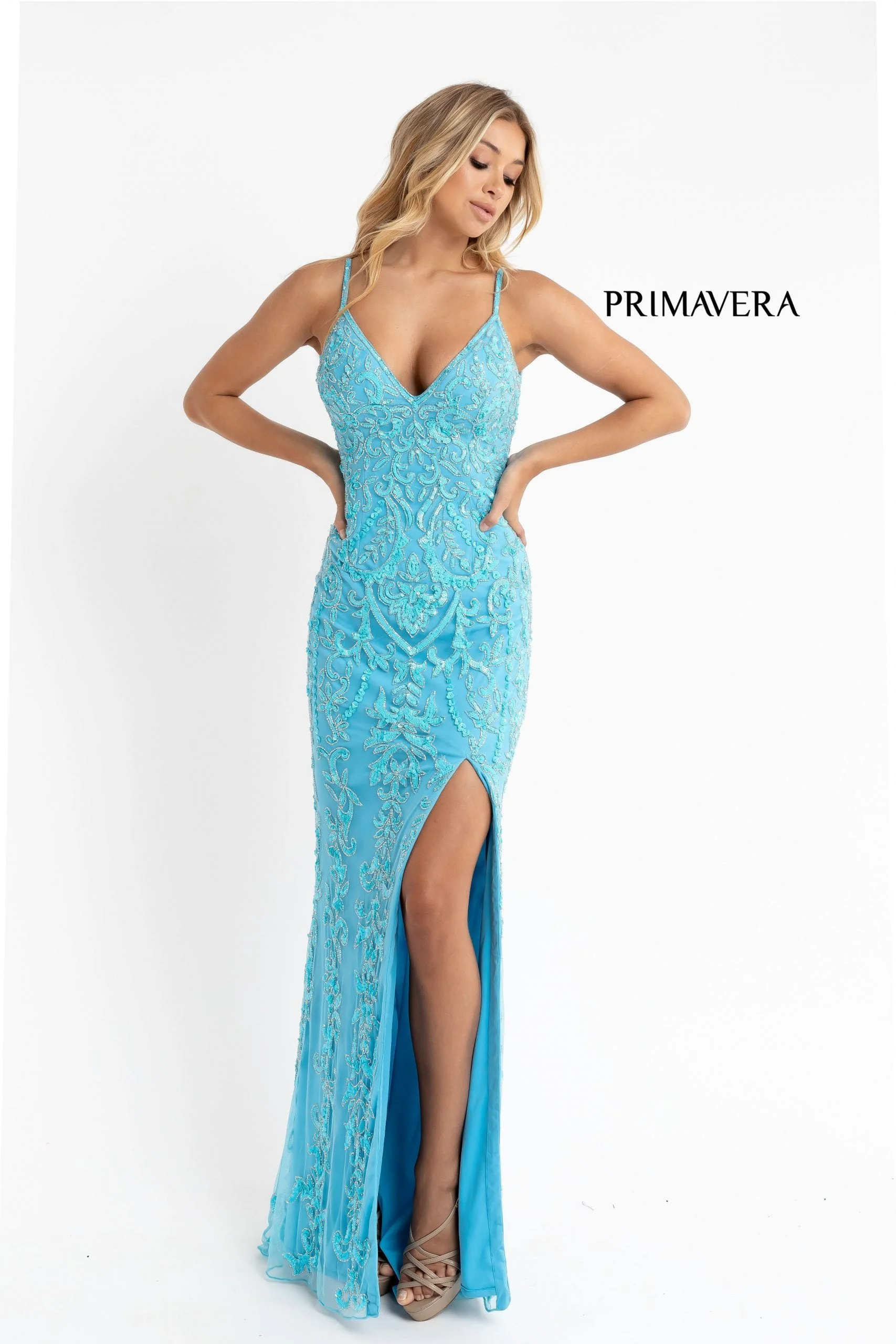 Primavera Couture 3749 Size 6 Neon Pink Sequined Prom Dress V Neckline Sweeping Train Evening Gown - Image 9