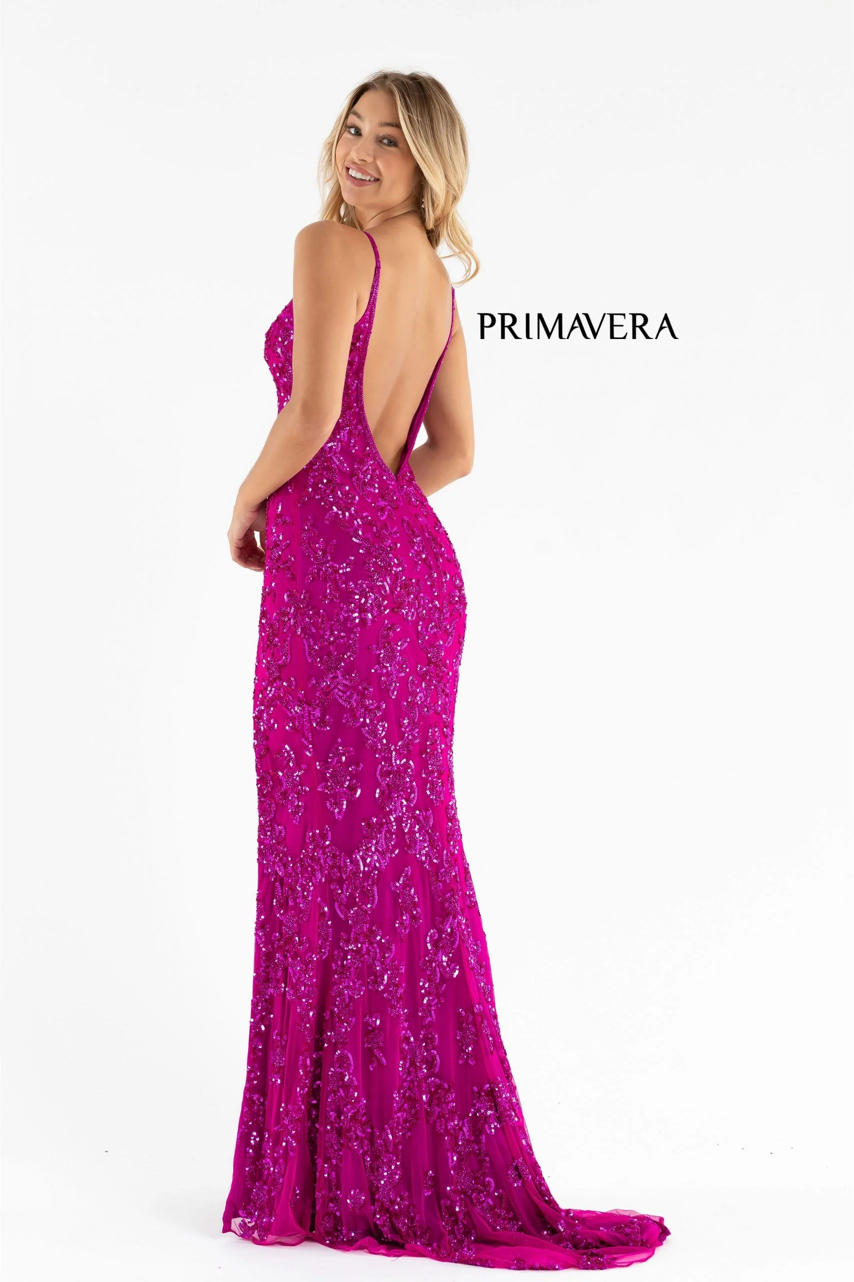Primavera Couture 3754 Size 4 Fuchsia Prom Dress Sequins V Neckline Evening Gown Backless Slit Train - Image 5