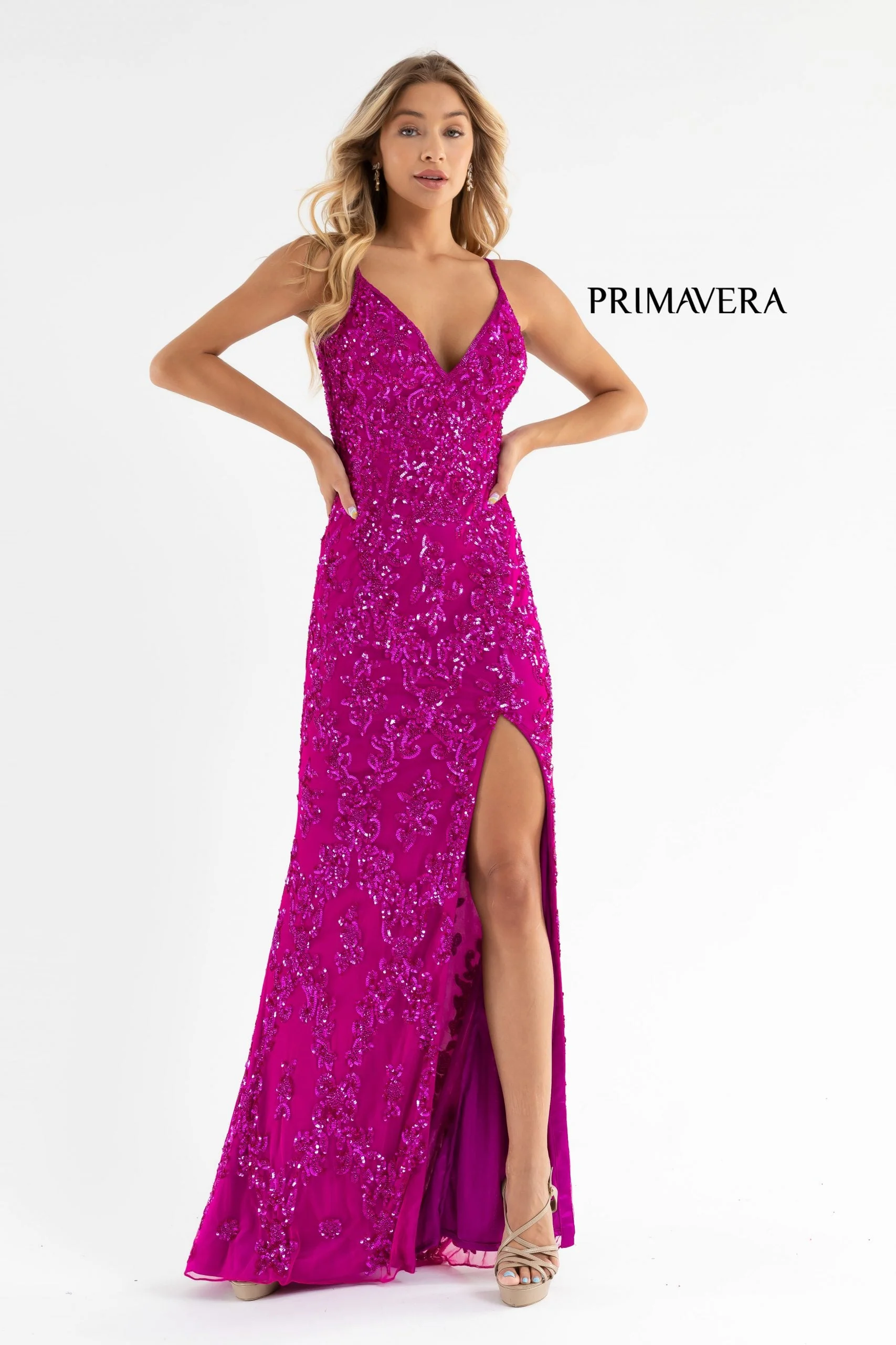 Primavera Couture 3754 Size 4 Fuchsia Prom Dress Sequins V Neckline Evening Gown Backless Slit Train - Image 7