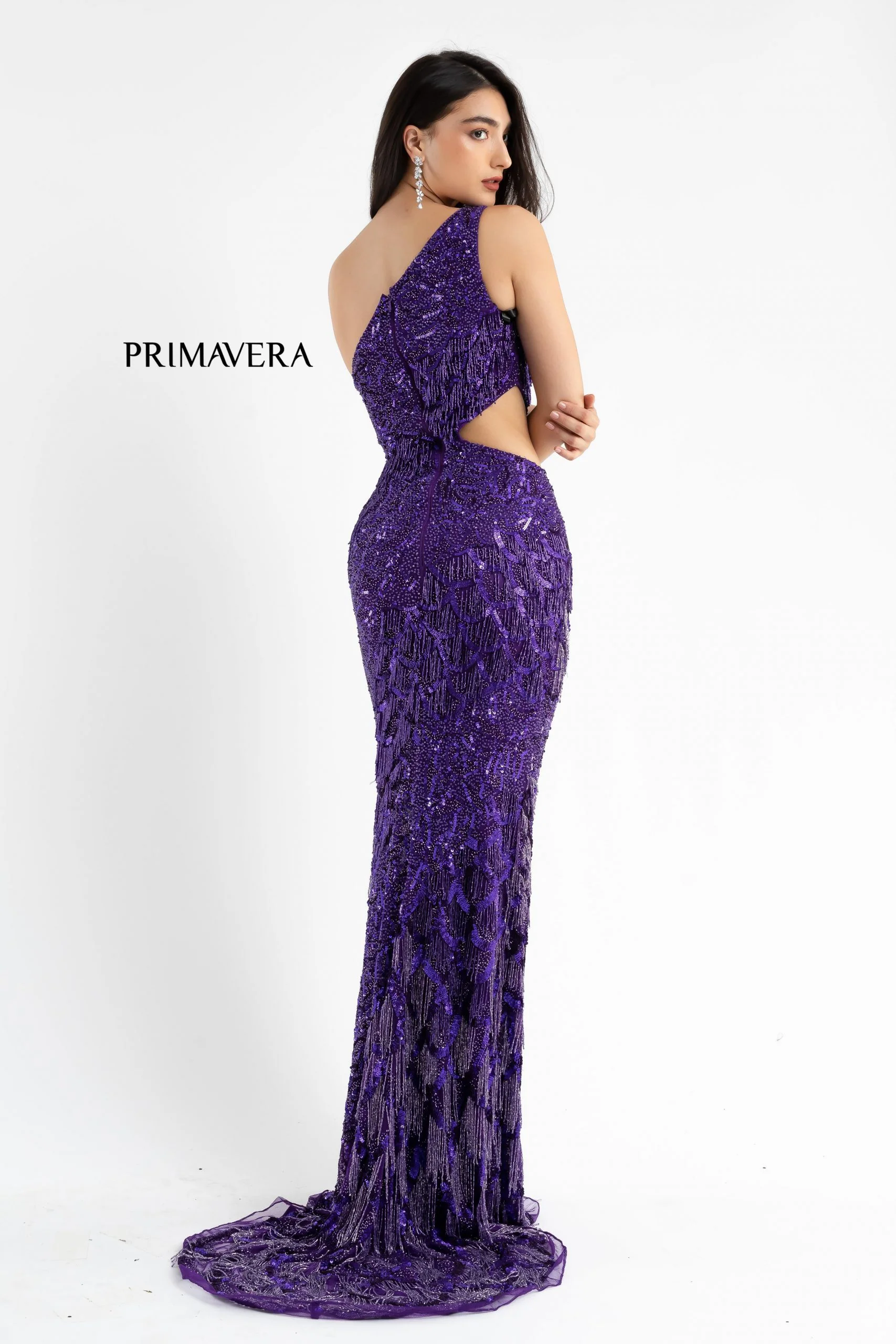 Primavera Couture 3766 One Shoulder Fringe Prom Dress Pageant Gown Cutout Side - Image 9