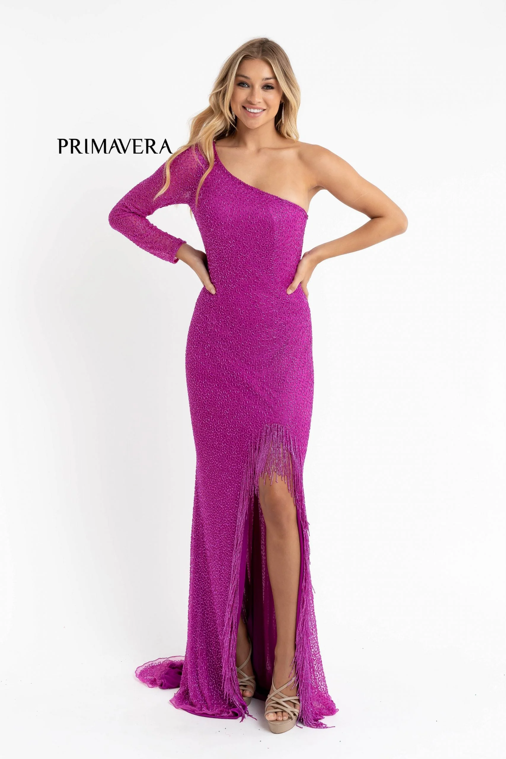 Primavera Couture 3773 Size 2 Beaded One Long Sleeve Prom Dress Evening Gown Fringe Open Slit - Image 10