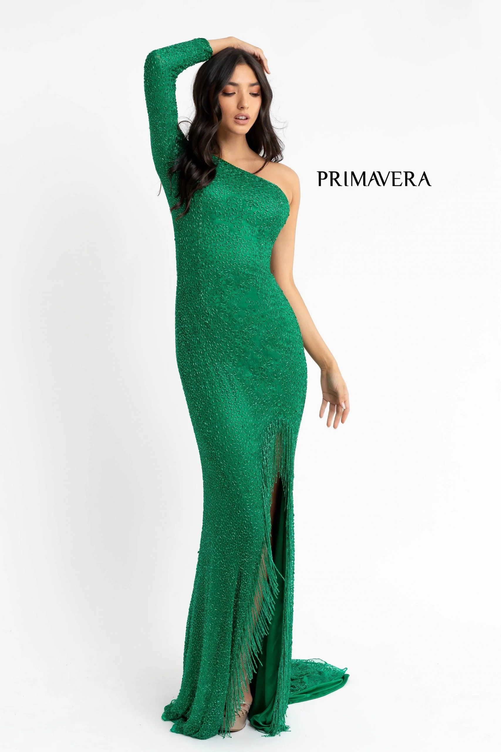 Primavera Couture 3773 Size 2 Beaded One Long Sleeve Prom Dress Evening Gown Fringe Open Slit - Image 6