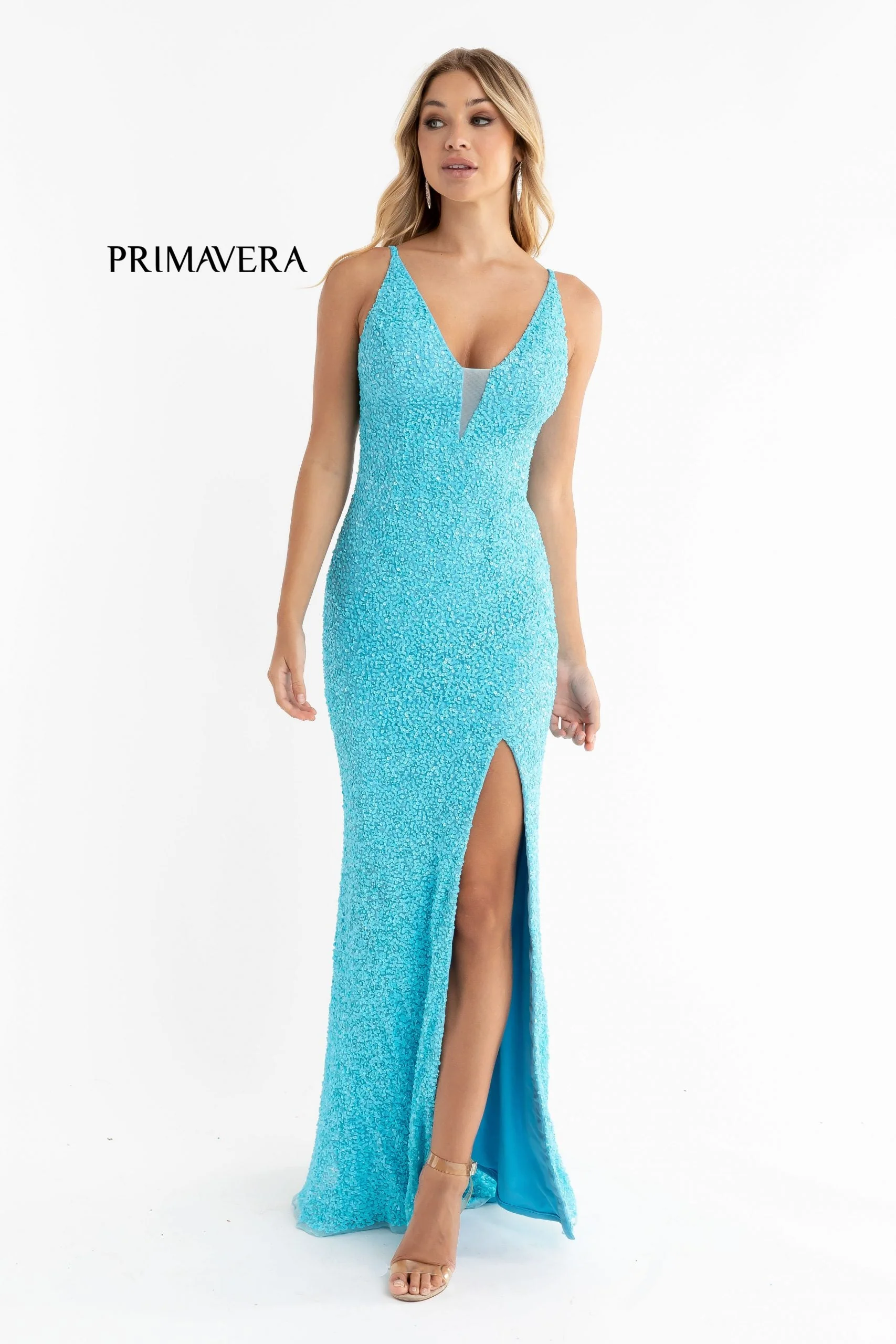 Primavera Couture 3792 Size 0, 12 Turquoise Sequin Prom Dress V Neckline Strappy Open Back Side Slit Train