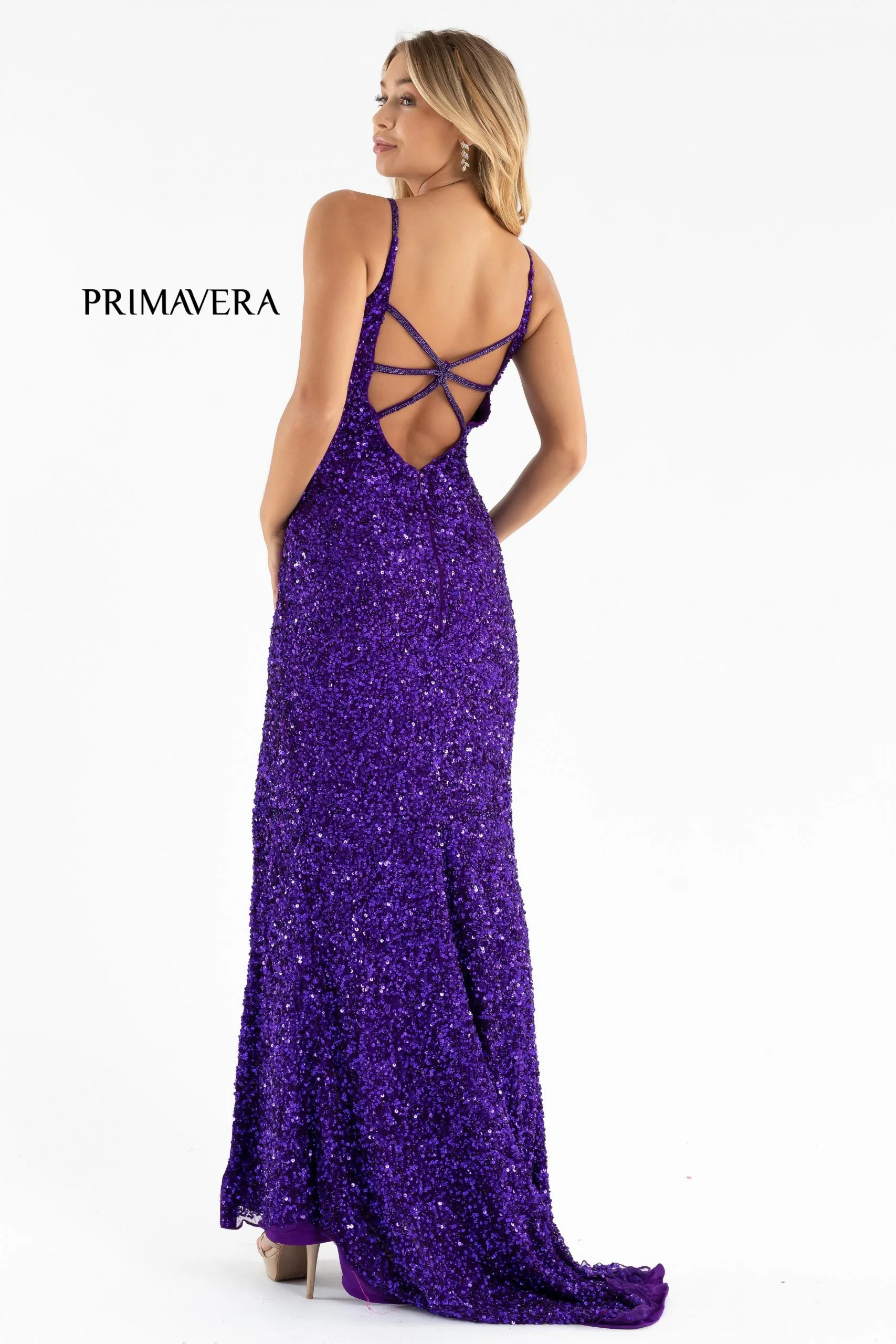 Primavera Couture 3792 Size 0, 12 Turquoise Sequin Prom Dress V Neckline Strappy Open Back Side Slit Train - Image 20