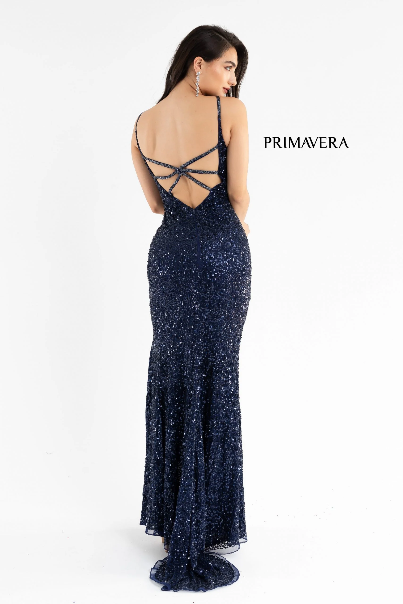 Primavera Couture 3792 Size 0, 12 Turquoise Sequin Prom Dress V Neckline Strappy Open Back Side Slit Train - Image 29