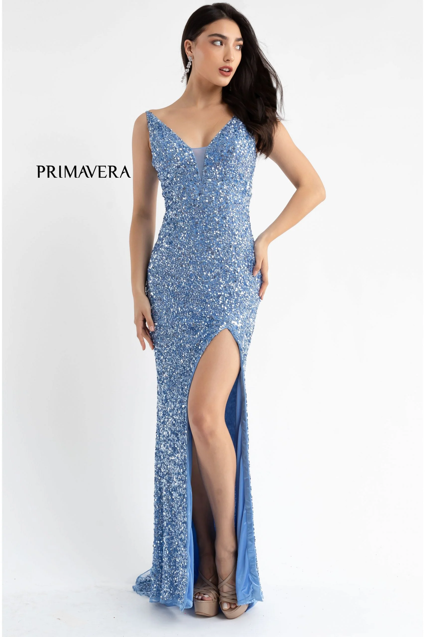 Primavera Couture 3792 Size 0, 12 Turquoise Sequin Prom Dress V Neckline Strappy Open Back Side Slit Train - Image 30