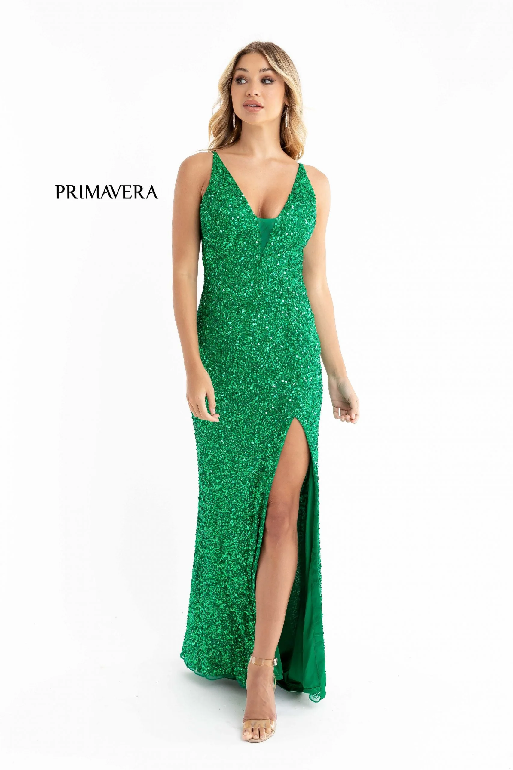 Primavera Couture 3792 Size 0, 12 Turquoise Sequin Prom Dress V Neckline Strappy Open Back Side Slit Train - Image 36