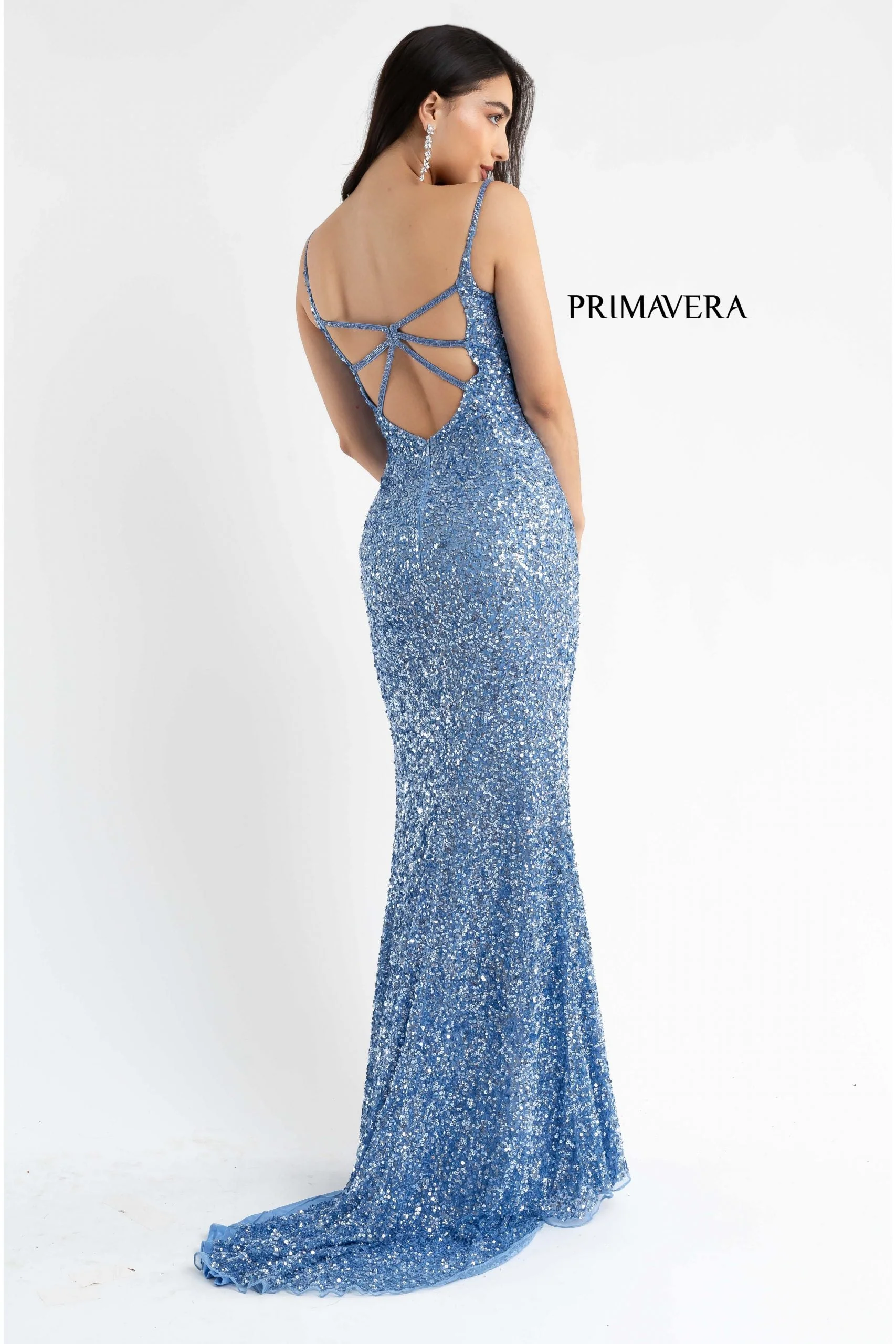 Primavera Couture 3792 Size 0, 12 Turquoise Sequin Prom Dress V Neckline Strappy Open Back Side Slit Train - Image 37
