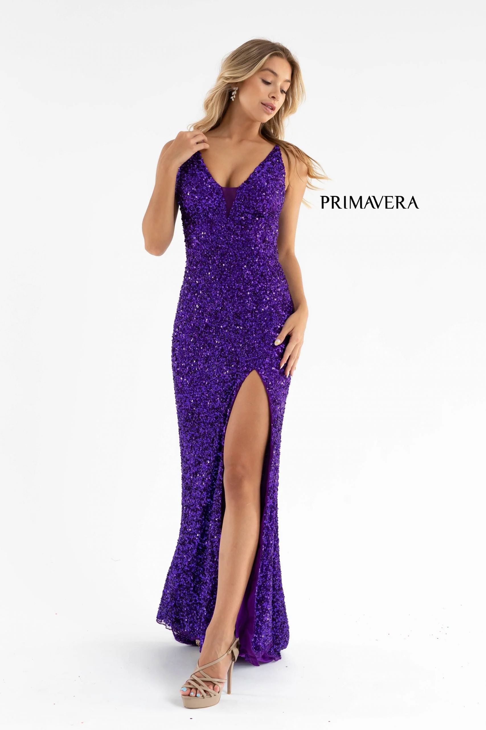 Primavera Couture 3792 Size 0, 12 Turquoise Sequin Prom Dress V Neckline Strappy Open Back Side Slit Train - Image 9