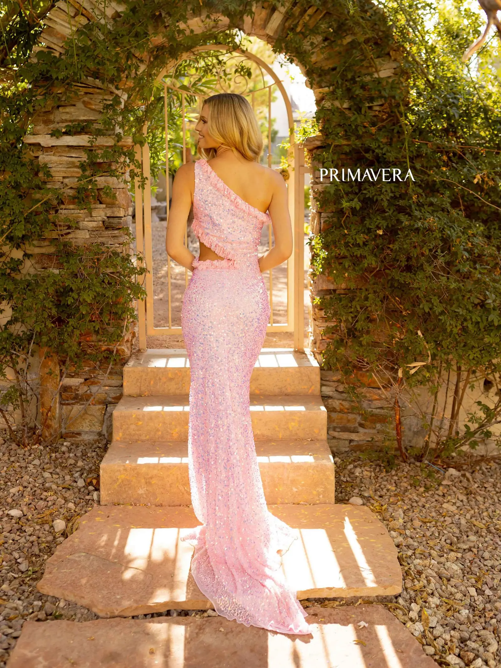 Primavera Couture 3798 Size 00 Baby Pink Long Beaded  One Shoulder Prom Dress with a Cutout & Ruffle Slit - Image 2