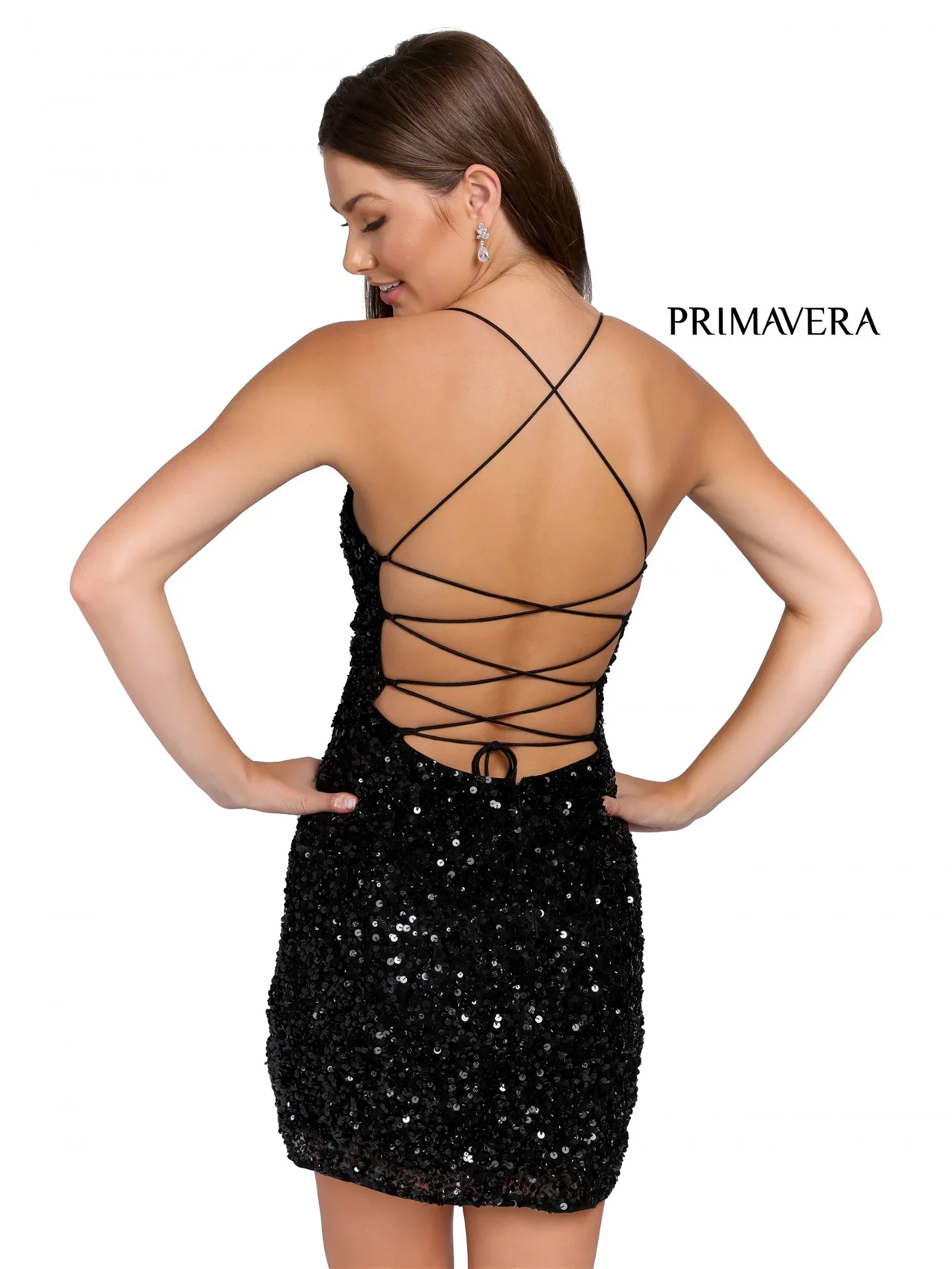 Primavera Couture 3891 Size 10 Black Short Fitted Sequin Formal Slit Cocktail Prom Dress Backless Corset - Image 2