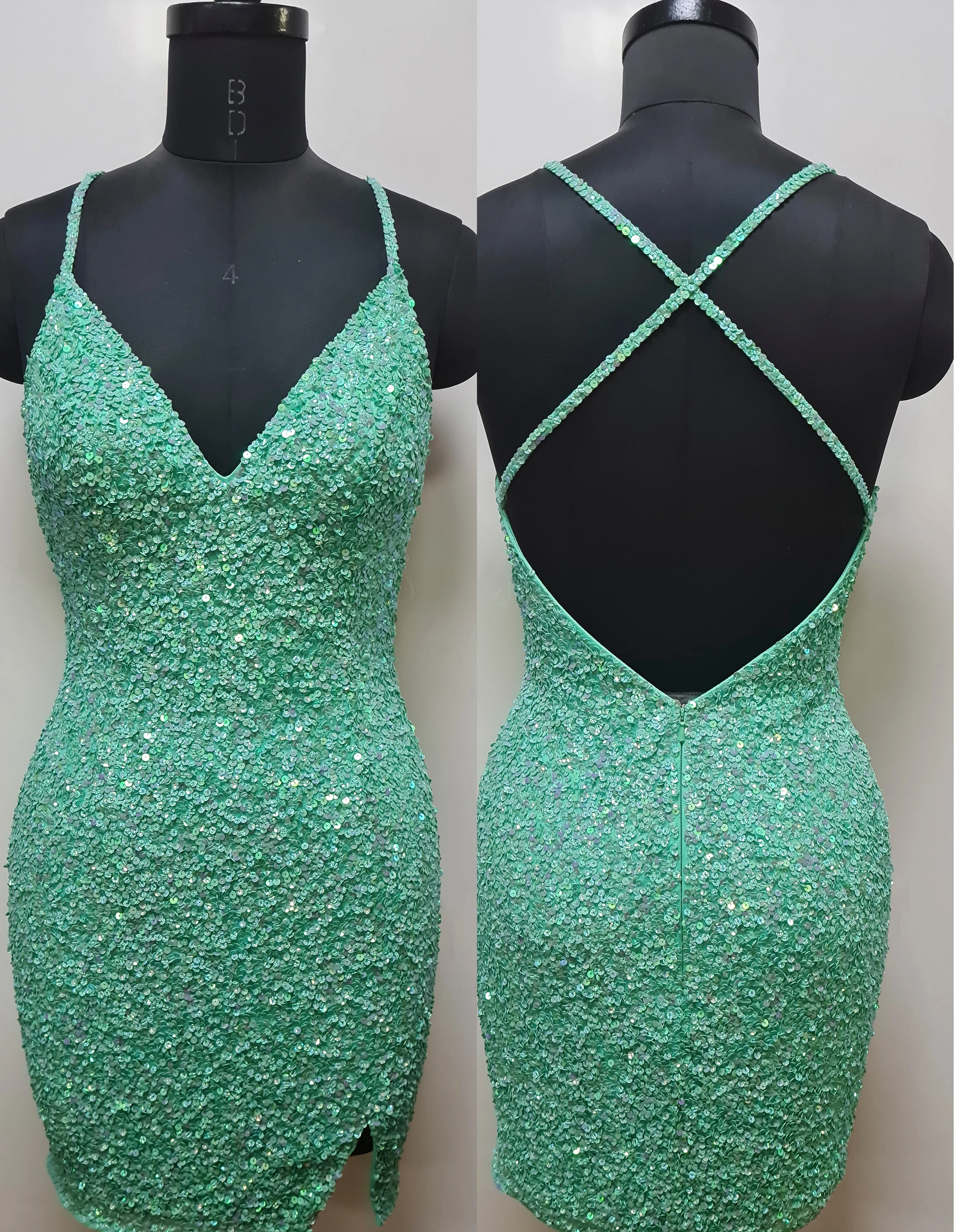 Primavera Couture 3900 Size 8 Crystal Pink Homecoming Dress Sequin Cross Back V-Neck Slit Short Homecoming Cocktail Dress - Image 6