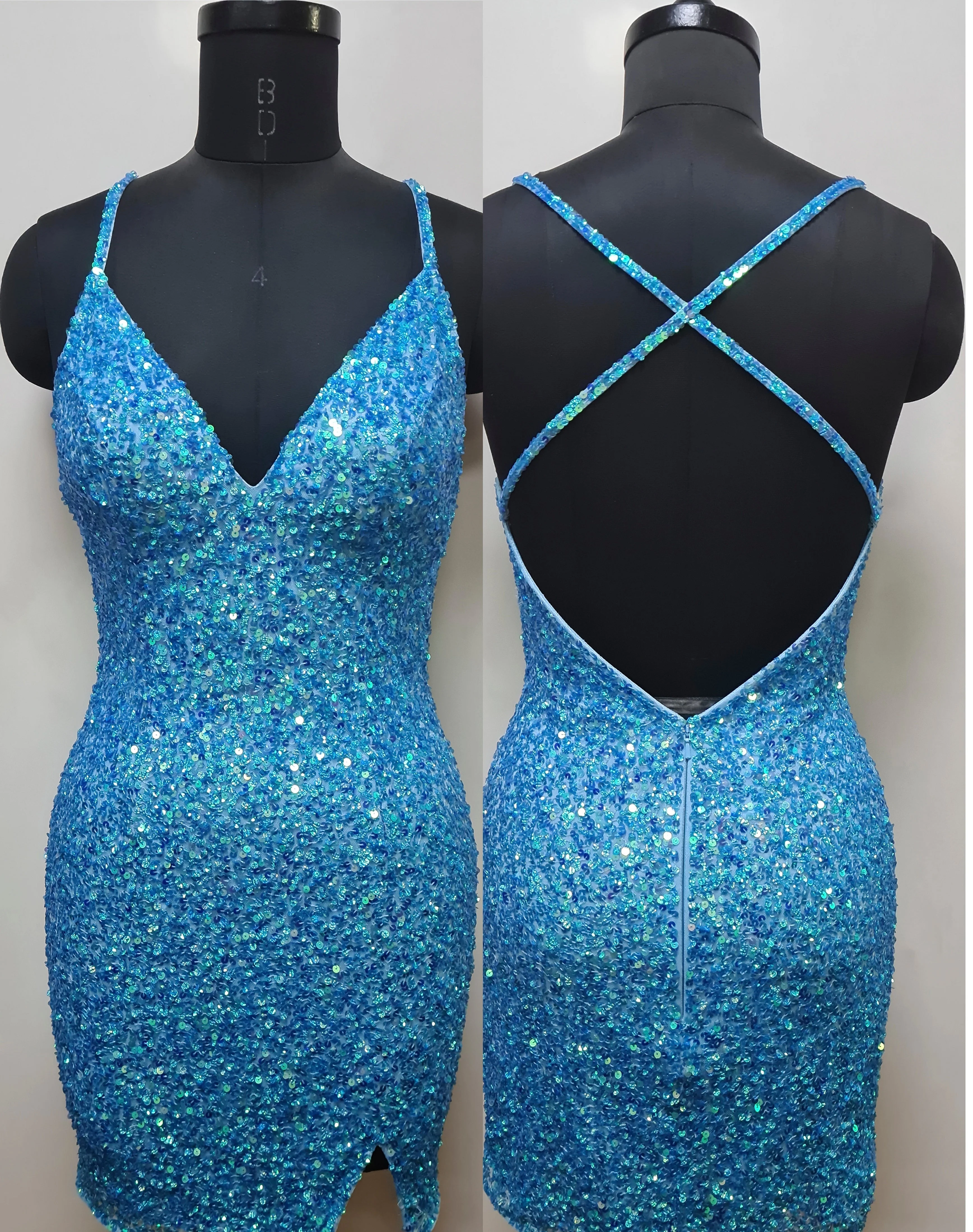 Primavera Couture 3900 Size 8 Crystal Pink Homecoming Dress Sequin Cross Back V-Neck Slit Short Homecoming Cocktail Dress - Image 7