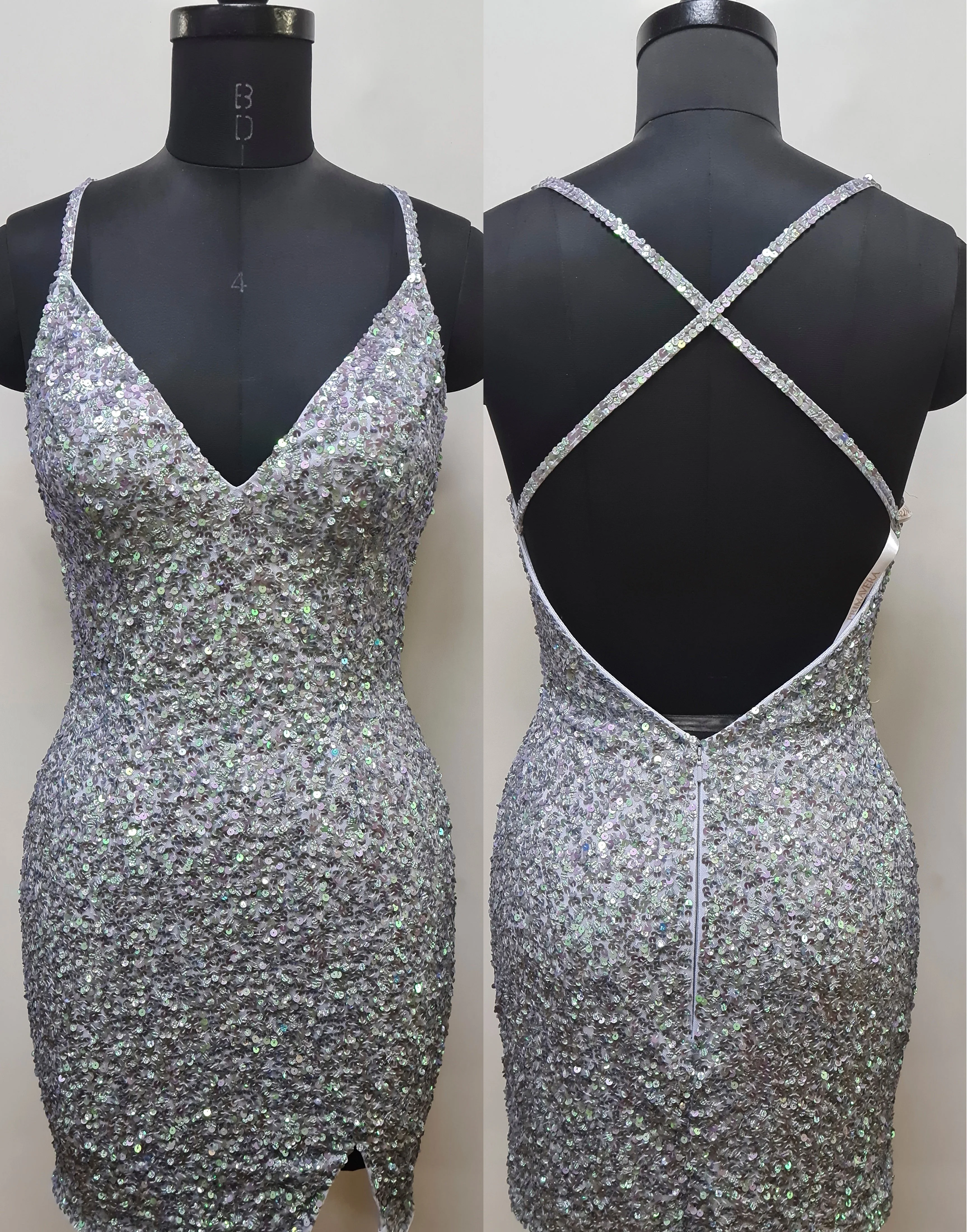 Primavera Couture 3900 Size 8 Crystal Pink Homecoming Dress Sequin Cross Back V-Neck Slit Short Homecoming Cocktail Dress - Image 8