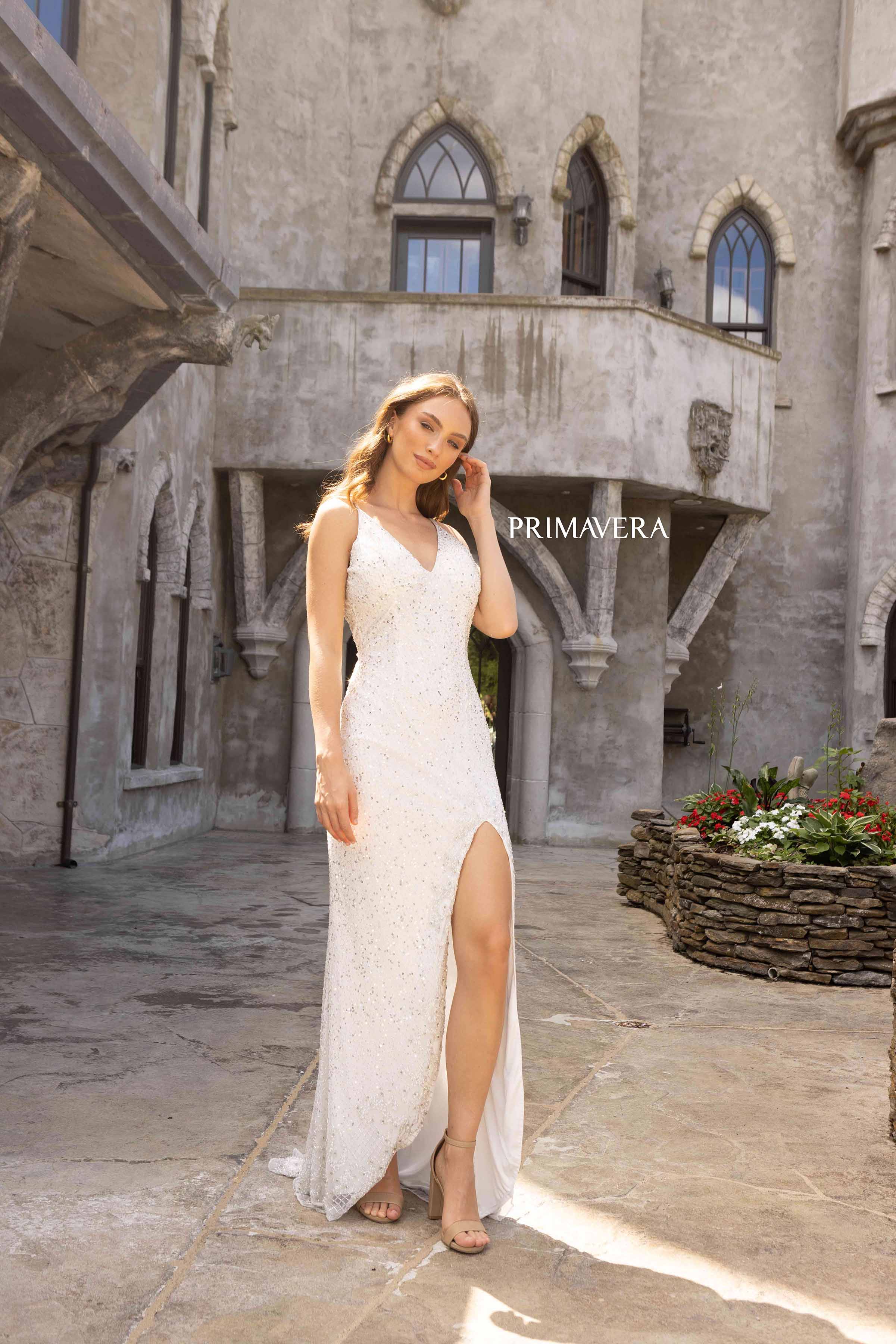 Primavera Couture 3904 Beaded V Neckline Prom Dress Beaded Details Slit - Image 6