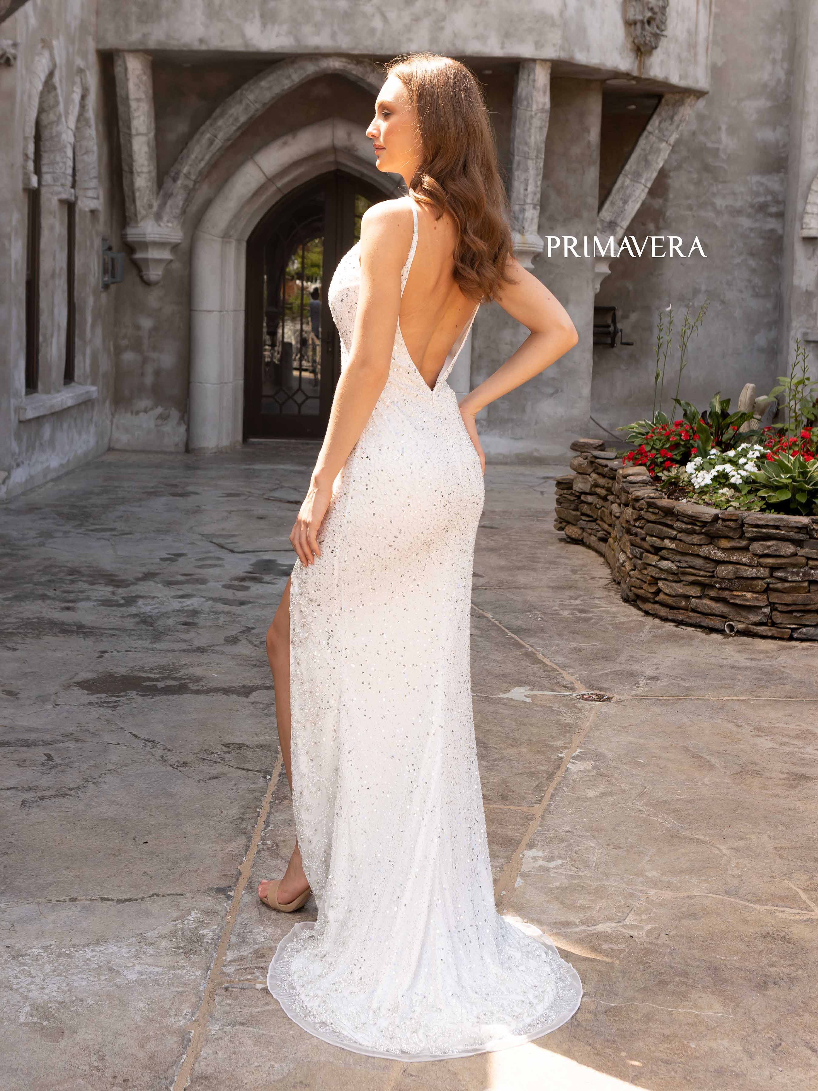Primavera Couture 3904 Beaded V Neckline Prom Dress Beaded Details Slit - Image 8