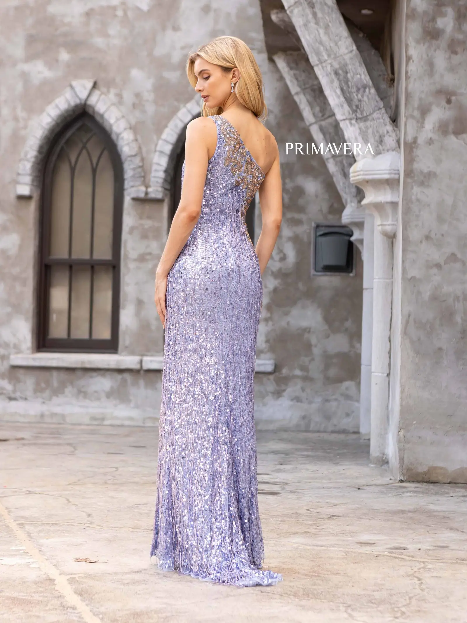 Primavera Couture 3906 Long Fitted Beaded Fringe Sequin Prom Dress One Shoulder Slit Formal Gown - Image 11