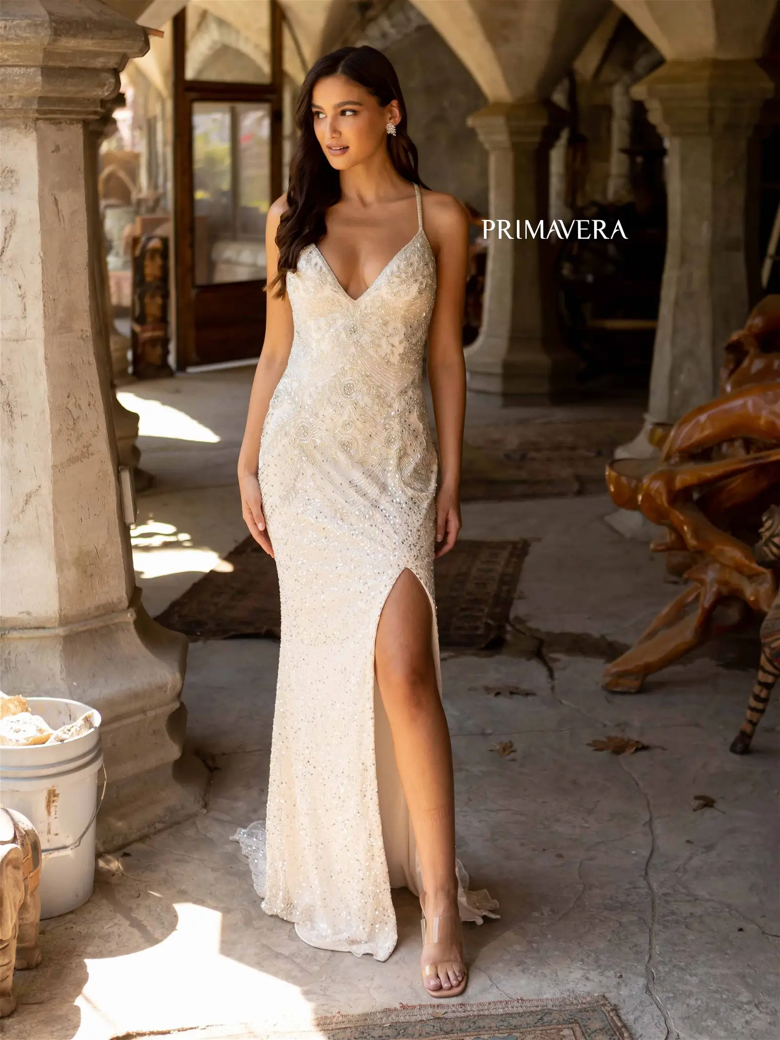 Primavera Couture 3909 Size 2 Platinum Sequined Prom Dress Backless Beaded Evening Gown V Neck - Image 6