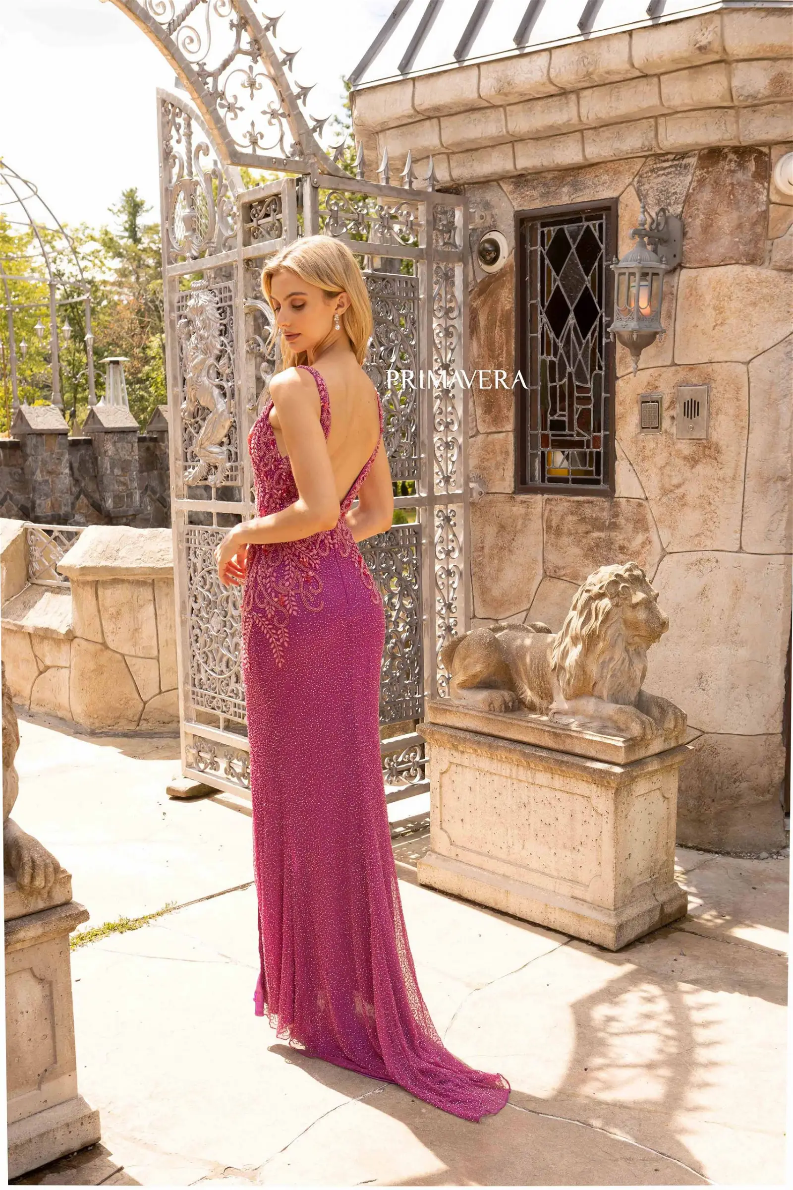 Primavera Couture 3923 Size 2 Fuchsia Long Beaded Formal Prom Dress V Neck Evening Gown Slit - Image 2