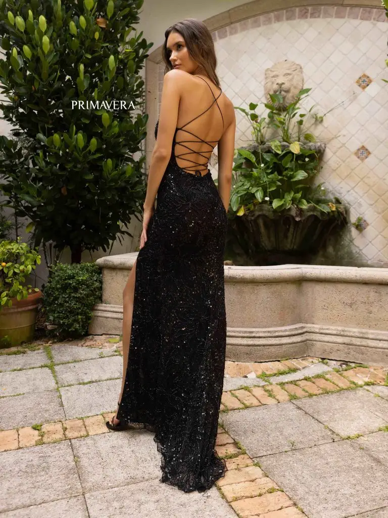 Primavera Couture 3933 Size 10 Peacock Ling Fitted Beaded Sequin Backless Corset Prom Dress Slit Scoop Neck - Image 7