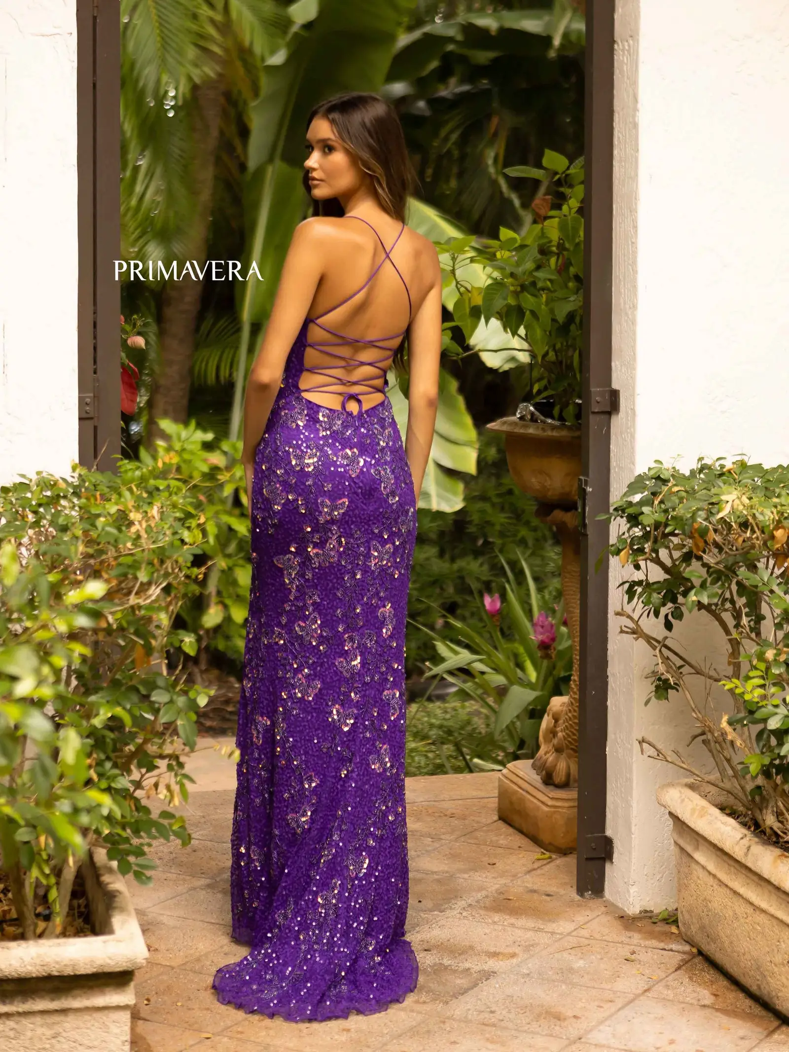 Primavera Couture 3946 Size 6 Purple Prom Dress Long Beaded Gown Backless Sequin Corset Butterfly - Image 2