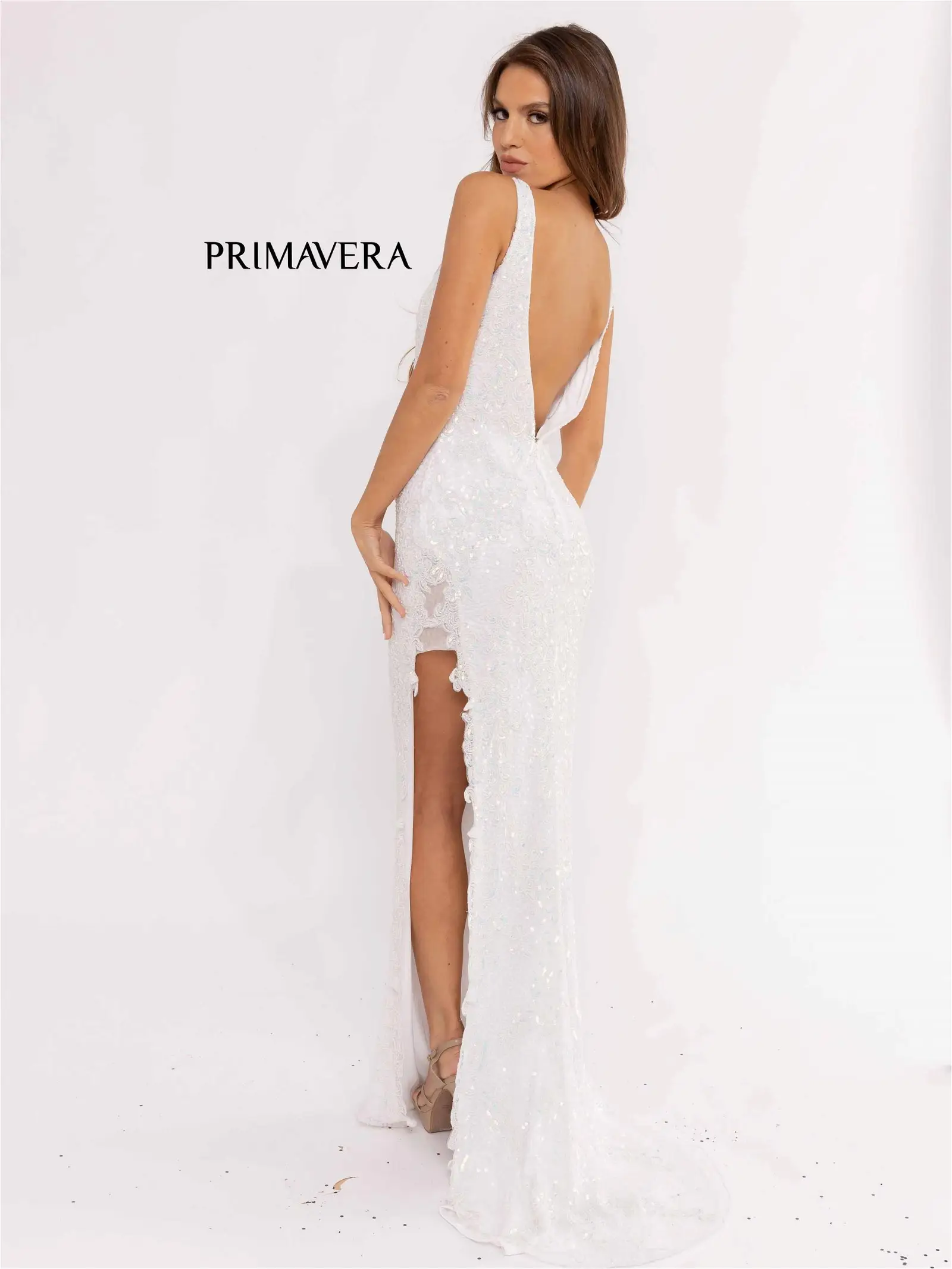 Primavera Couture 3953 Size 4 Ivory Long Beaded Sequin Side Slit Prom Dress Formal Pageant Gown V Neck - Image 2
