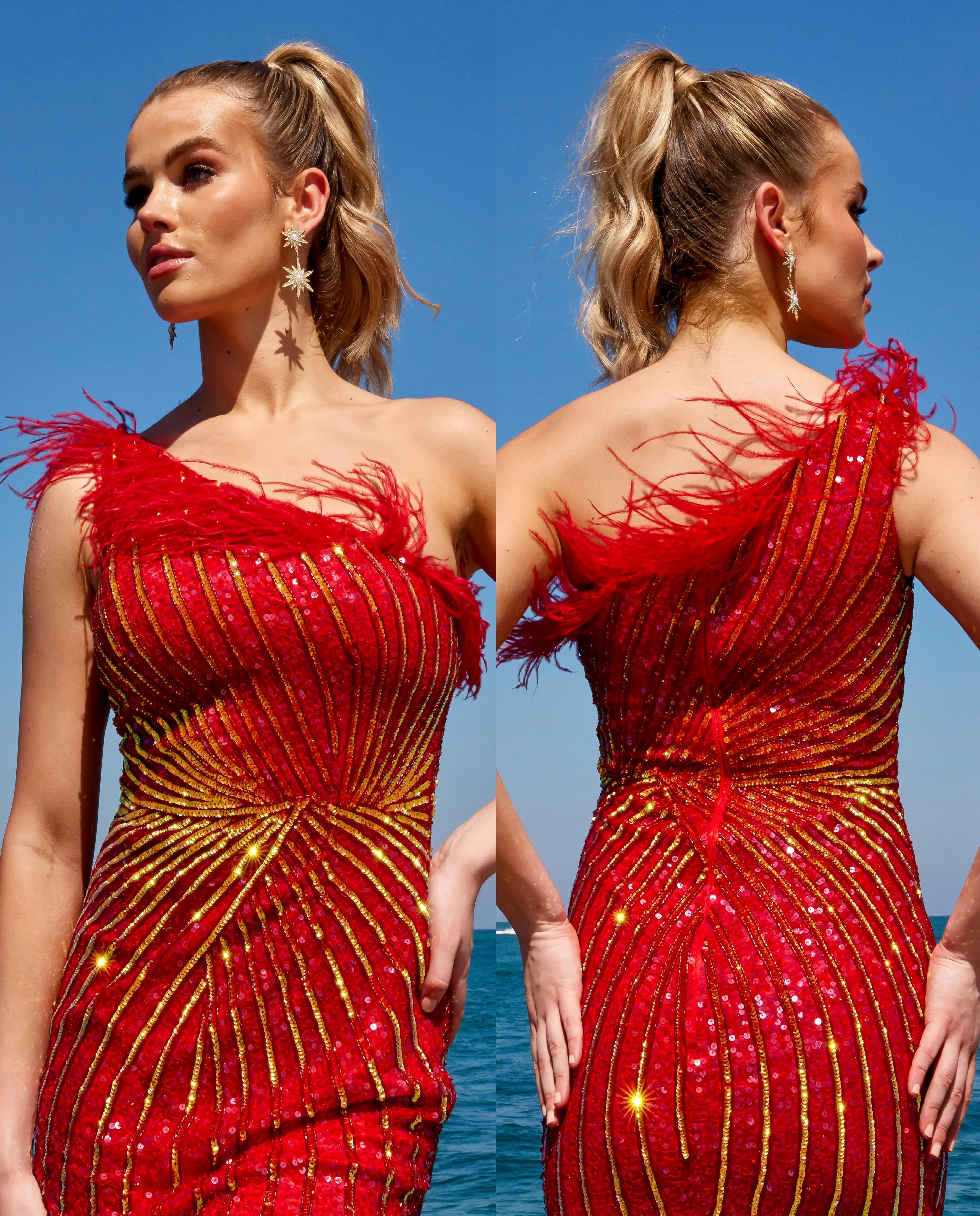 Primavera Couture 4002 Feather Trimmed Cocktail Dress One Shoulder Sequins - Image 6