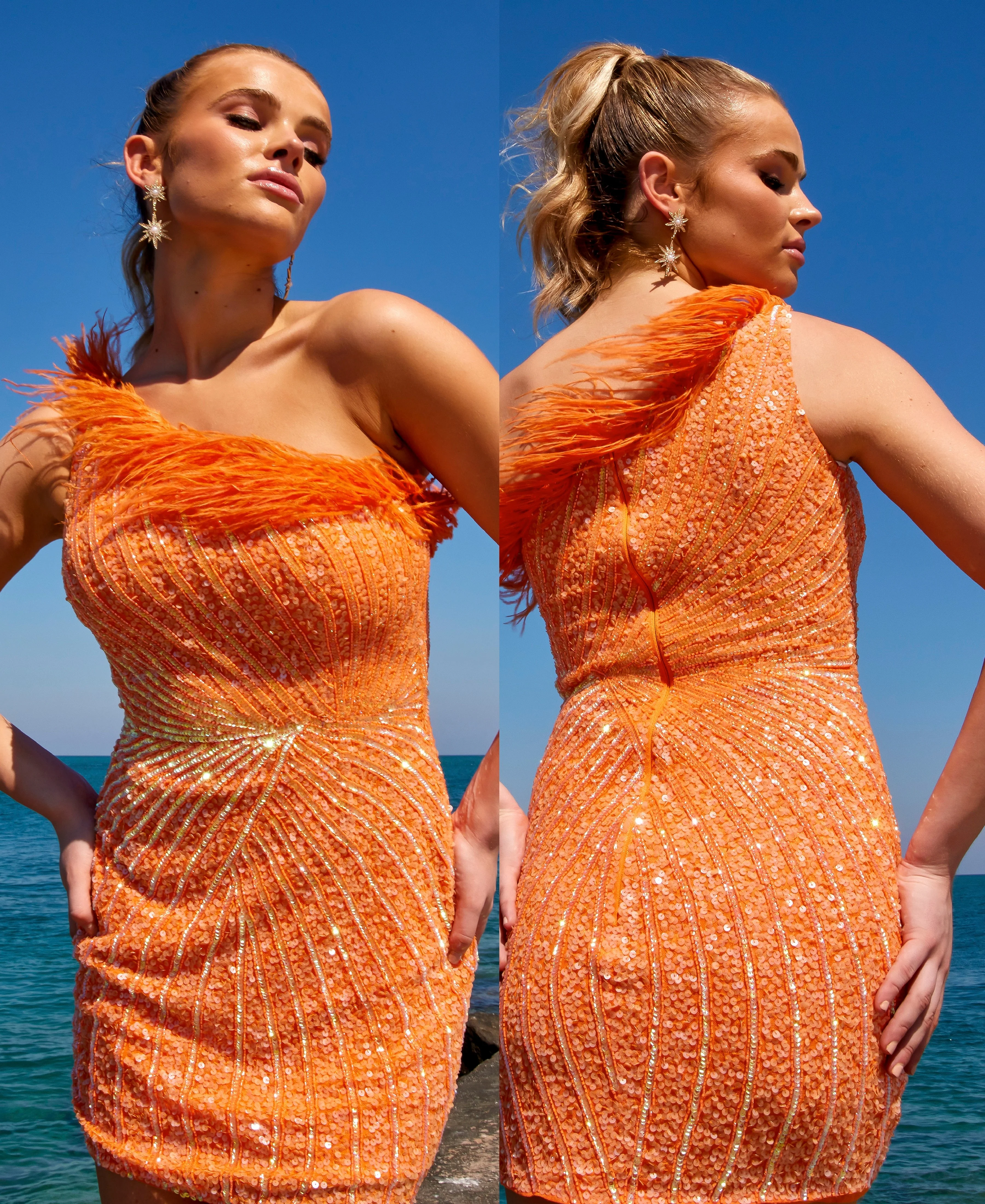 Primavera Couture 4002 Feather Trimmed Cocktail Dress One Shoulder Sequins - Image 9