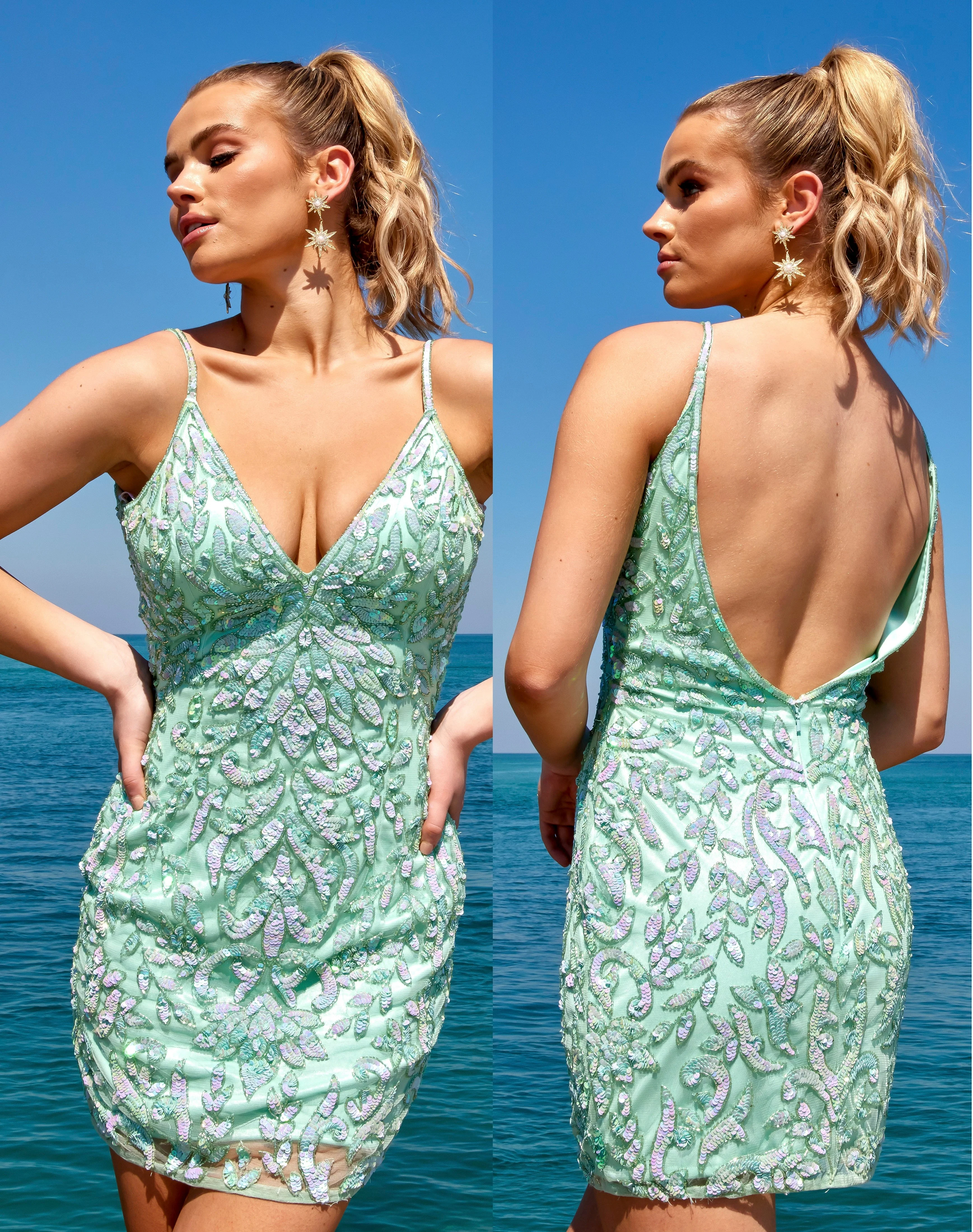 Primavera Couture 4013 Size 10 Ivory V-Neck Sequin Cocktail Dress Embellished With Beads Deep V Back - Image 6